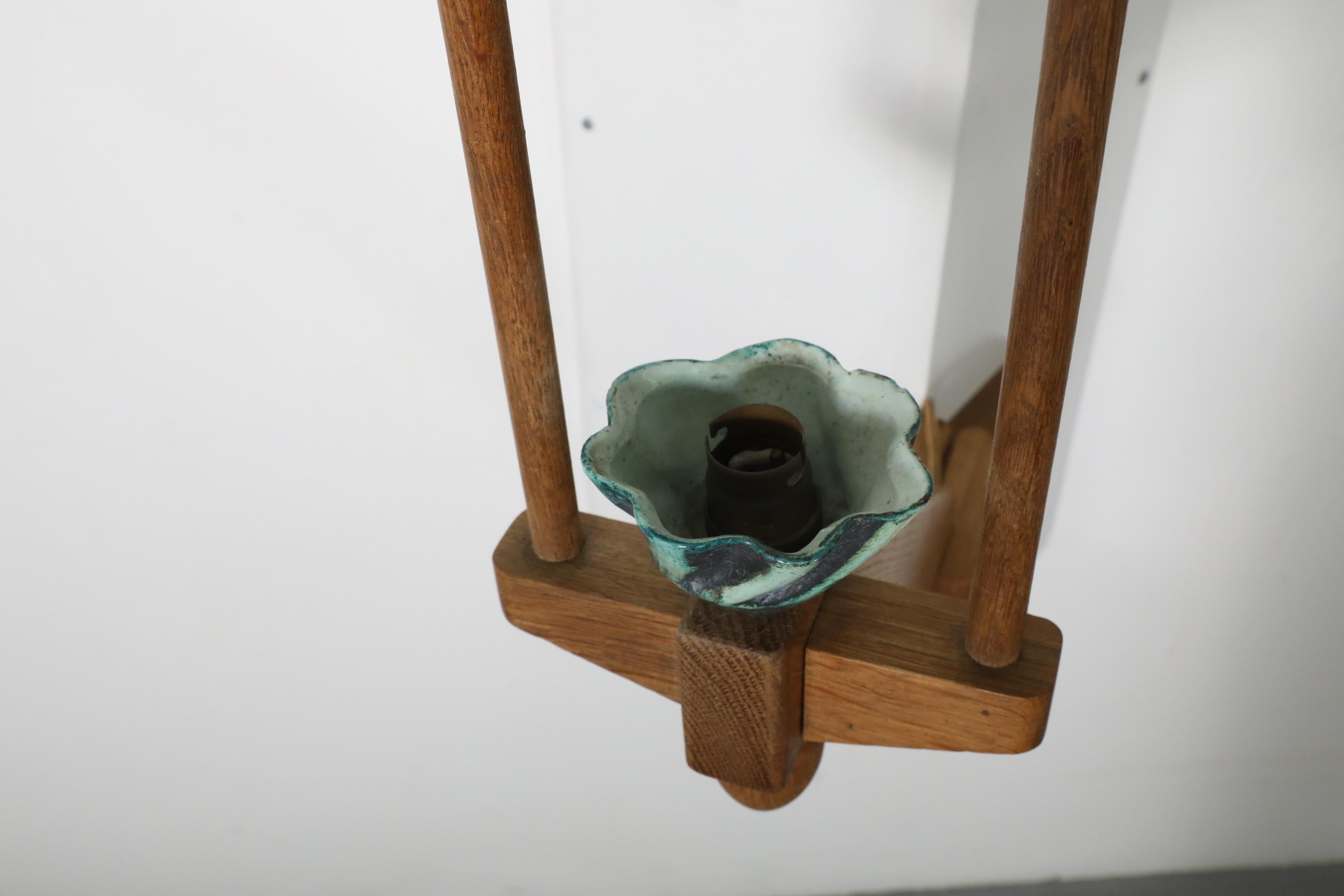 1960's Guillerme et Chambron Oak And Ceramic Corner Sconce for Votre Maison For Sale 4