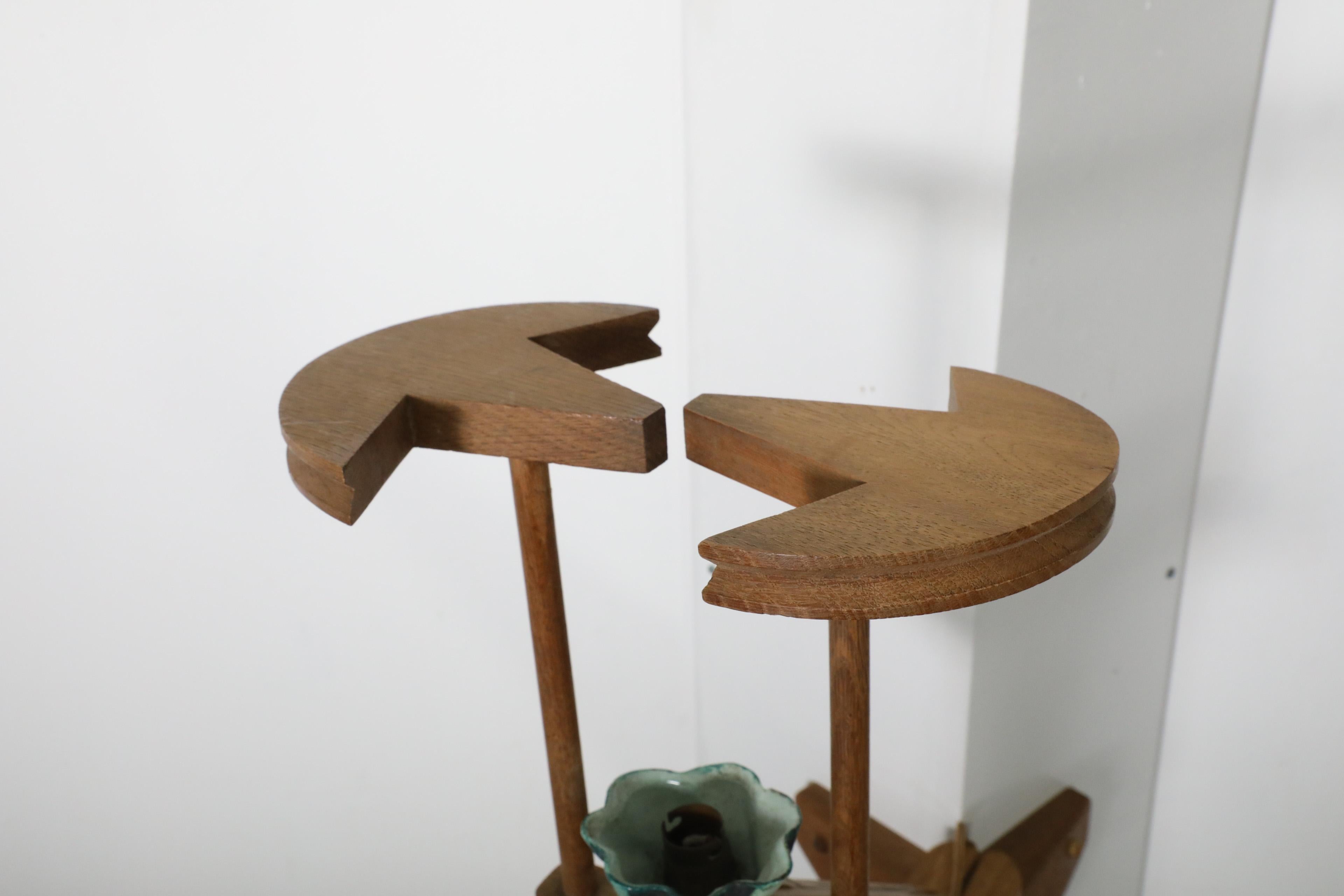 1960's Guillerme et Chambron Oak And Ceramic Corner Sconce for Votre Maison For Sale 5
