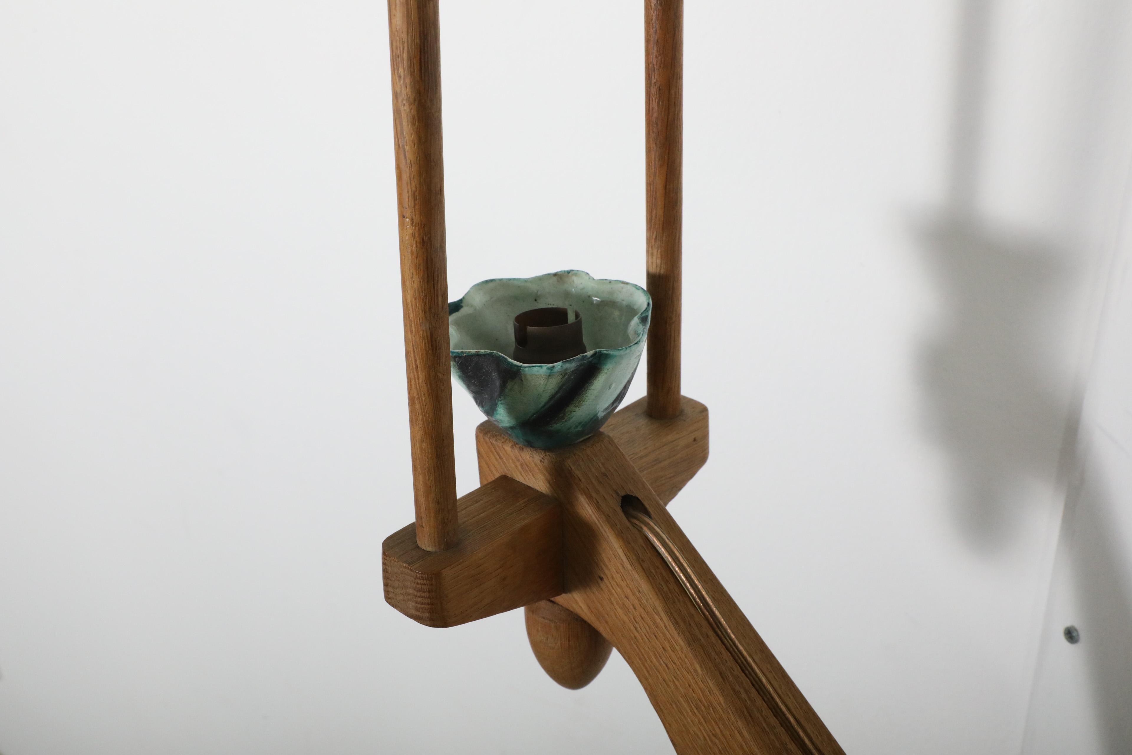 1960's Guillerme et Chambron Oak And Ceramic Corner Sconce for Votre Maison For Sale 6