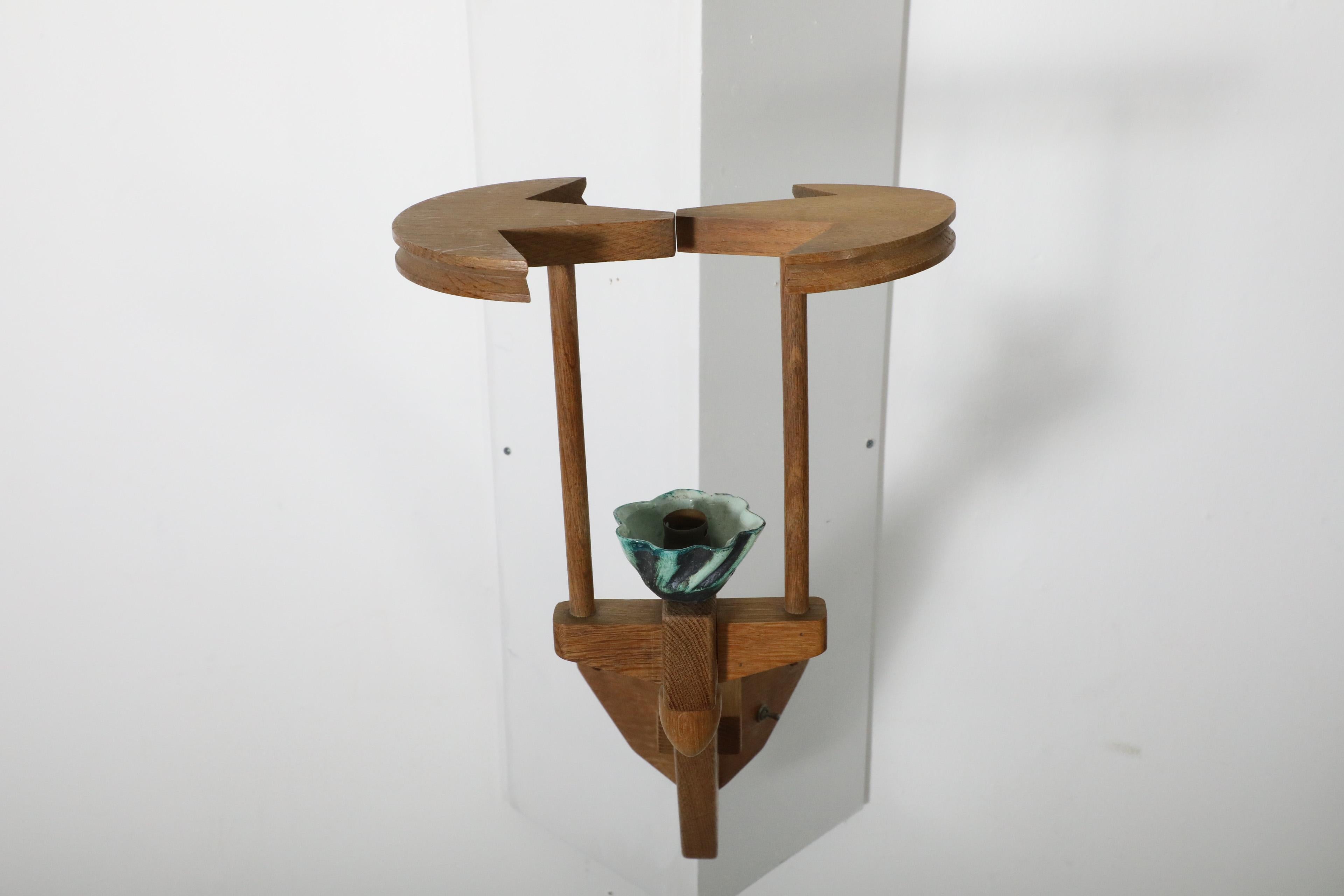 1960's Guillerme et Chambron Oak And Ceramic Corner Sconce for Votre Maison For Sale 8