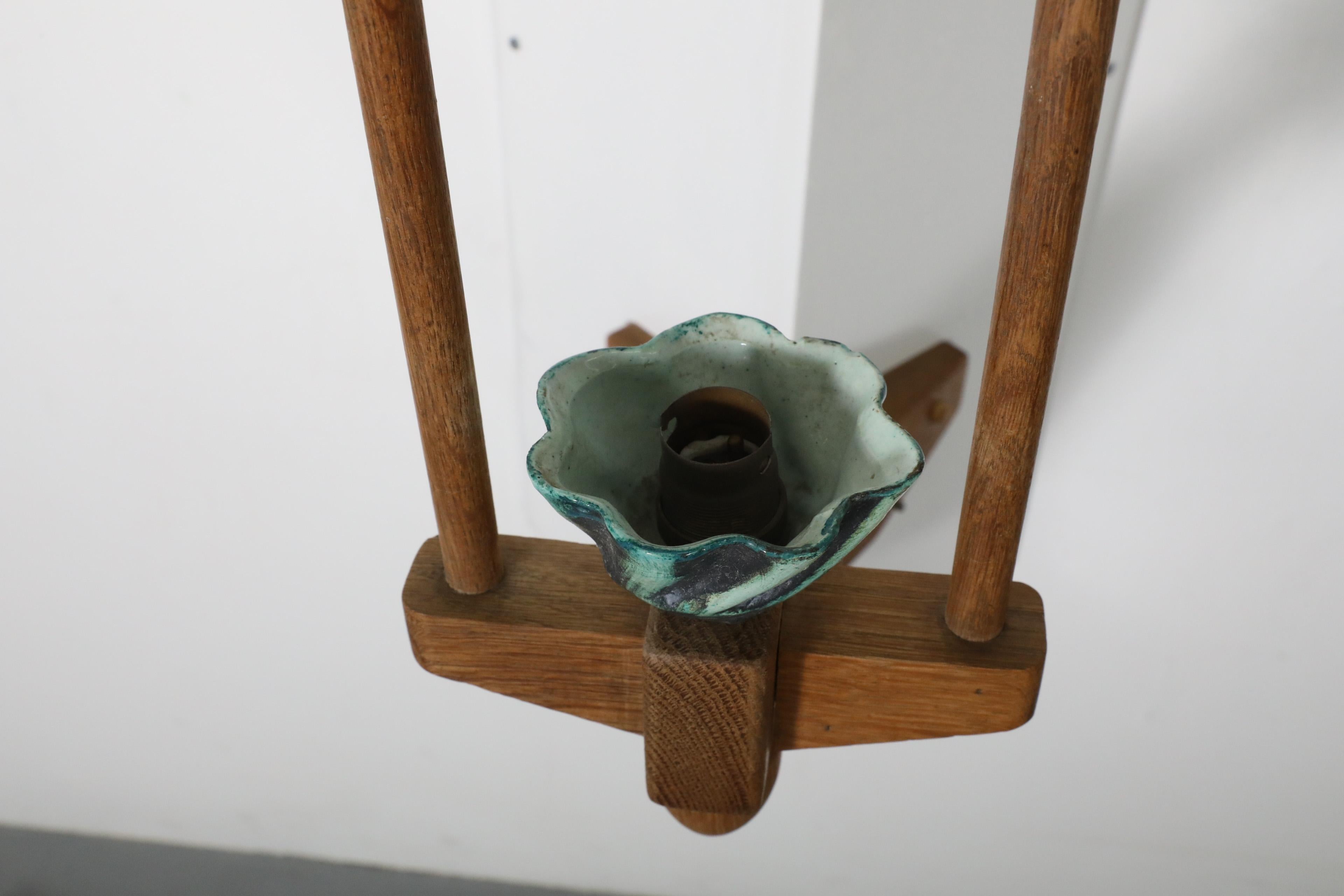 1960's Guillerme et Chambron Oak And Ceramic Corner Sconce for Votre Maison For Sale 9