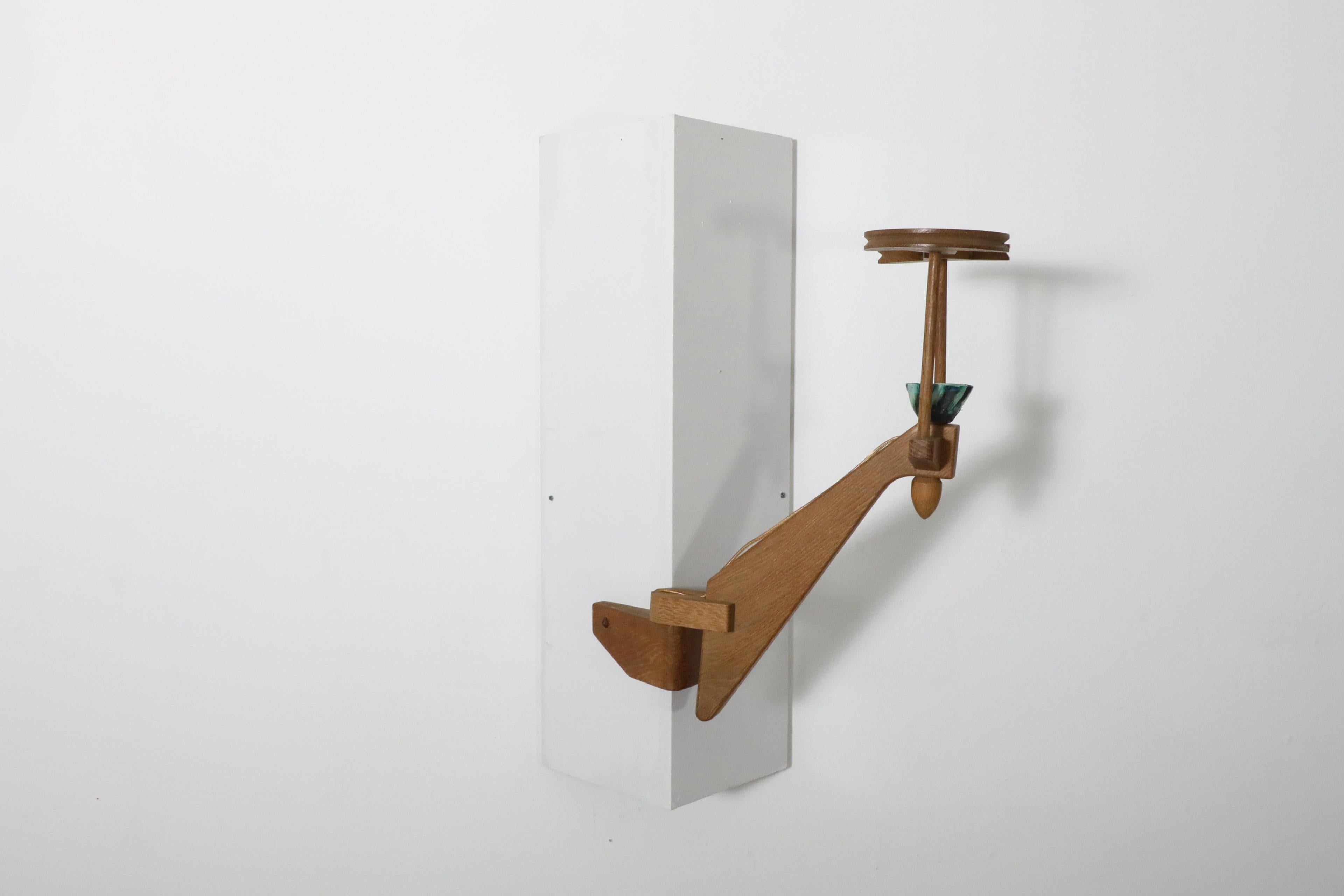 Mid-Century Modern 1960's Guillerme et Chambron Oak And Ceramic Corner Sconce for Votre Maison For Sale