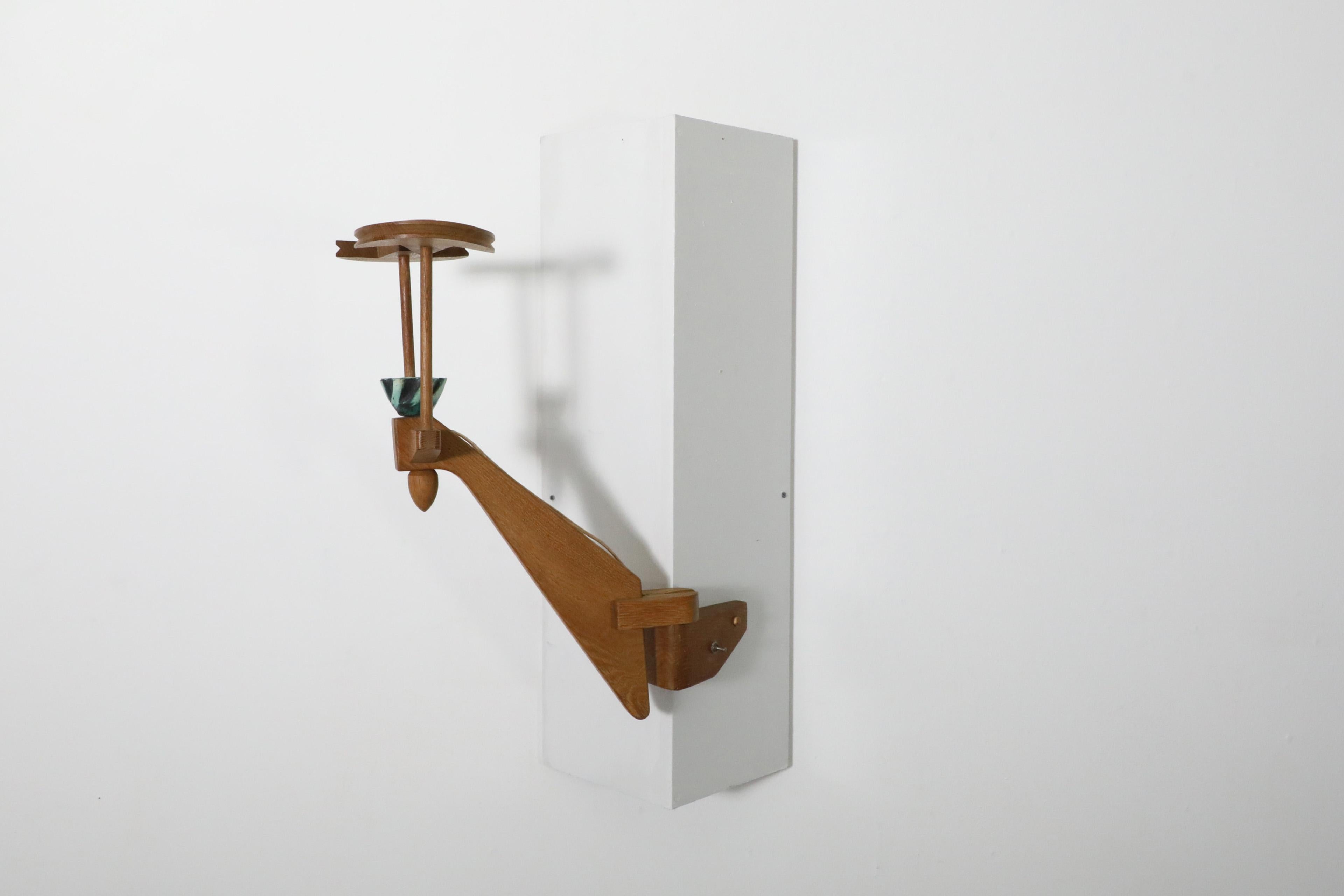 French 1960's Guillerme et Chambron Oak And Ceramic Corner Sconce for Votre Maison For Sale