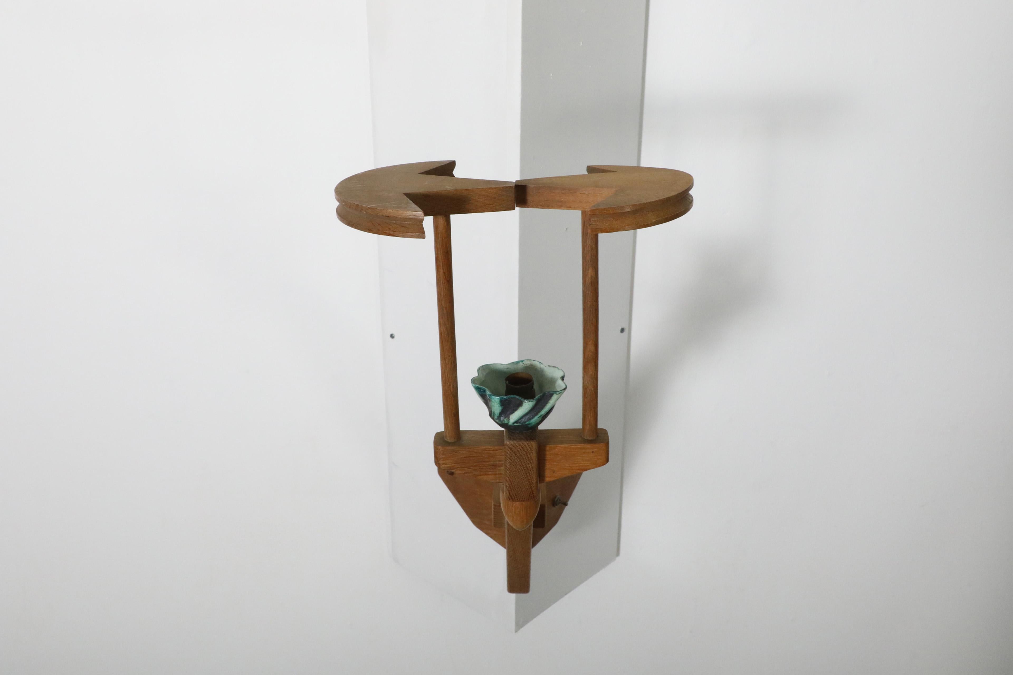 Glazed 1960's Guillerme et Chambron Oak And Ceramic Corner Sconce for Votre Maison For Sale