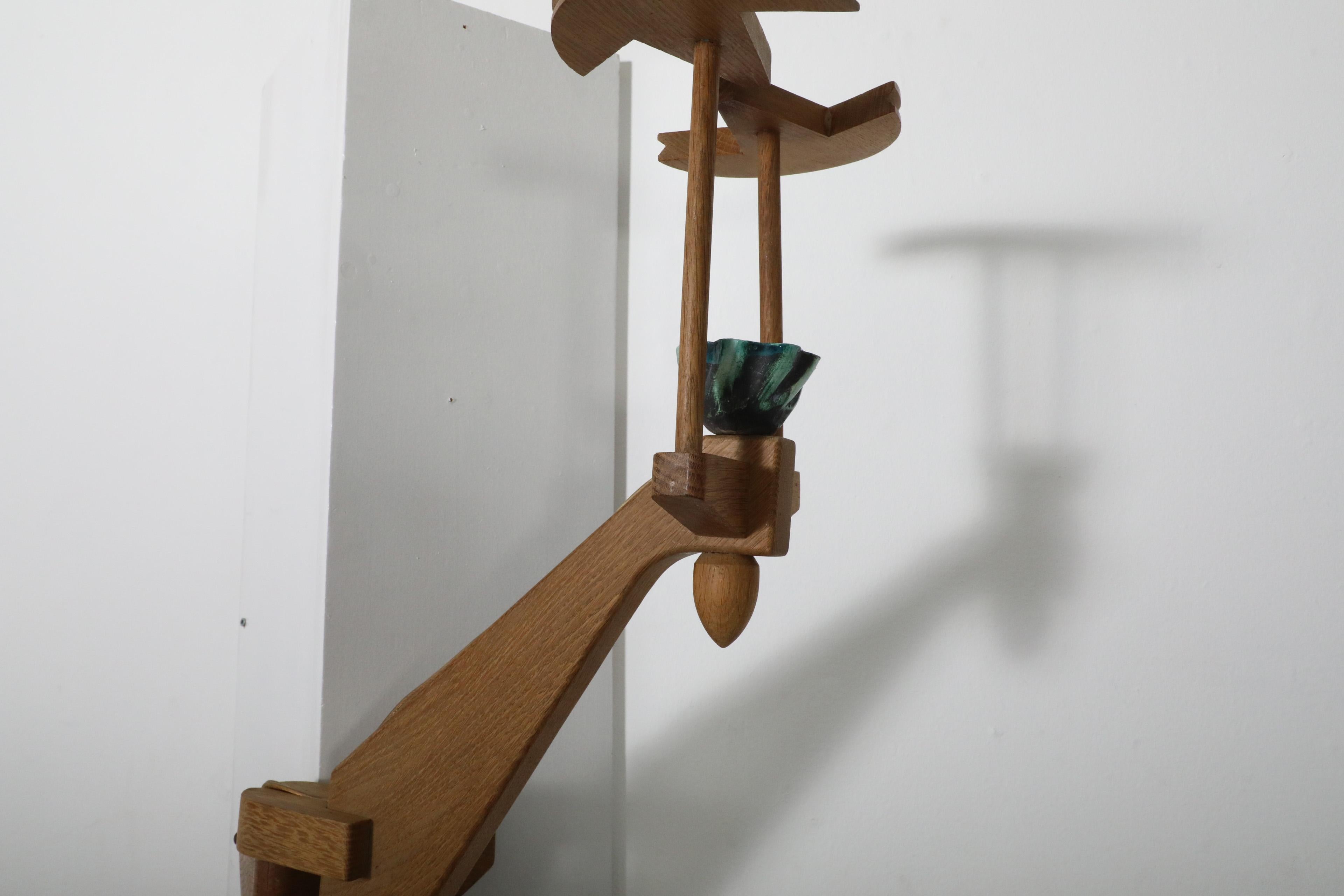1960's Guillerme et Chambron Oak And Ceramic Corner Sconce for Votre Maison In Good Condition For Sale In Los Angeles, CA