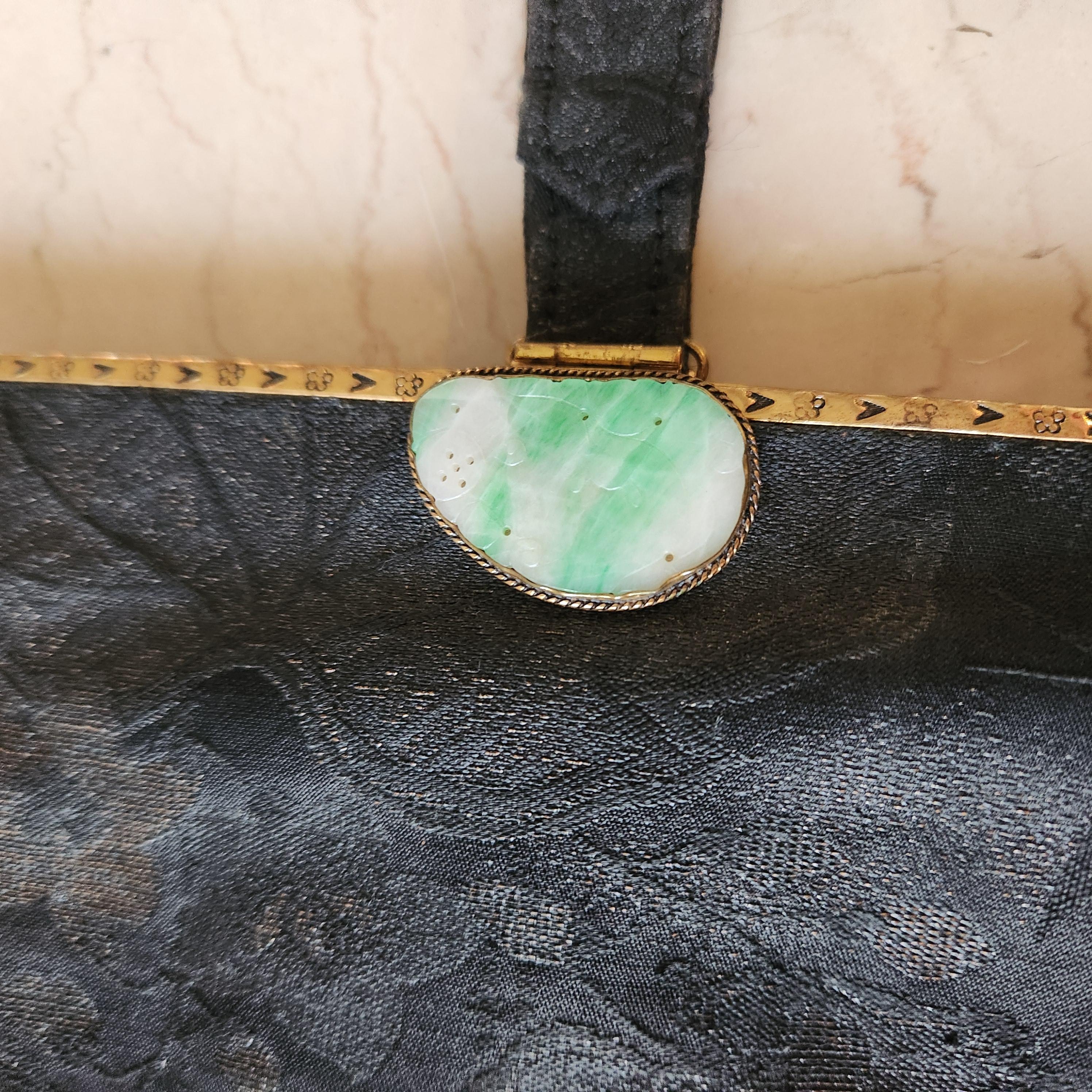 1960s Gumps Black Brocade Bag Jade Clasp Hong Kong For Sale 5