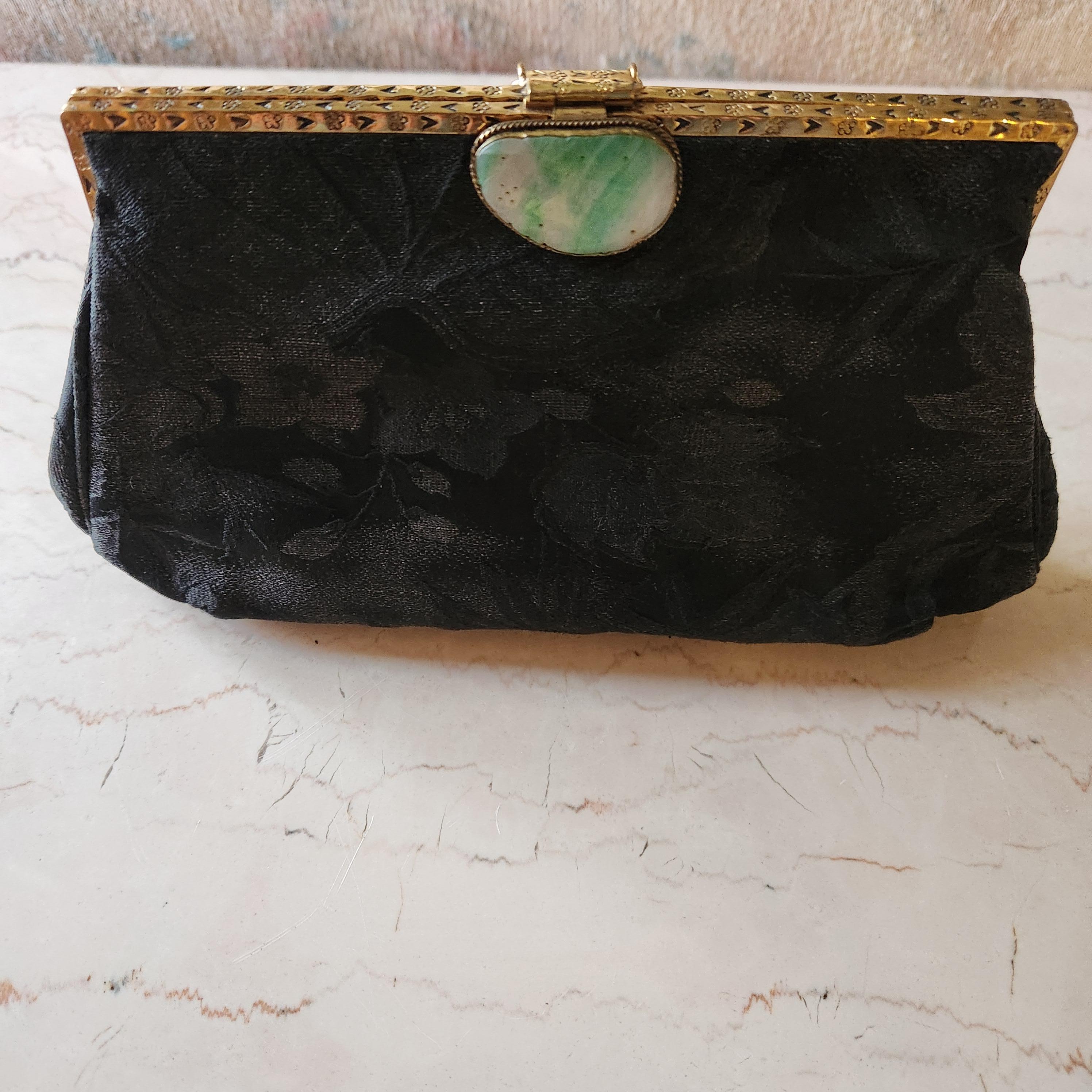 1960s Gumps Black Brocade Bag Jade Clasp Hong Kong For Sale 6