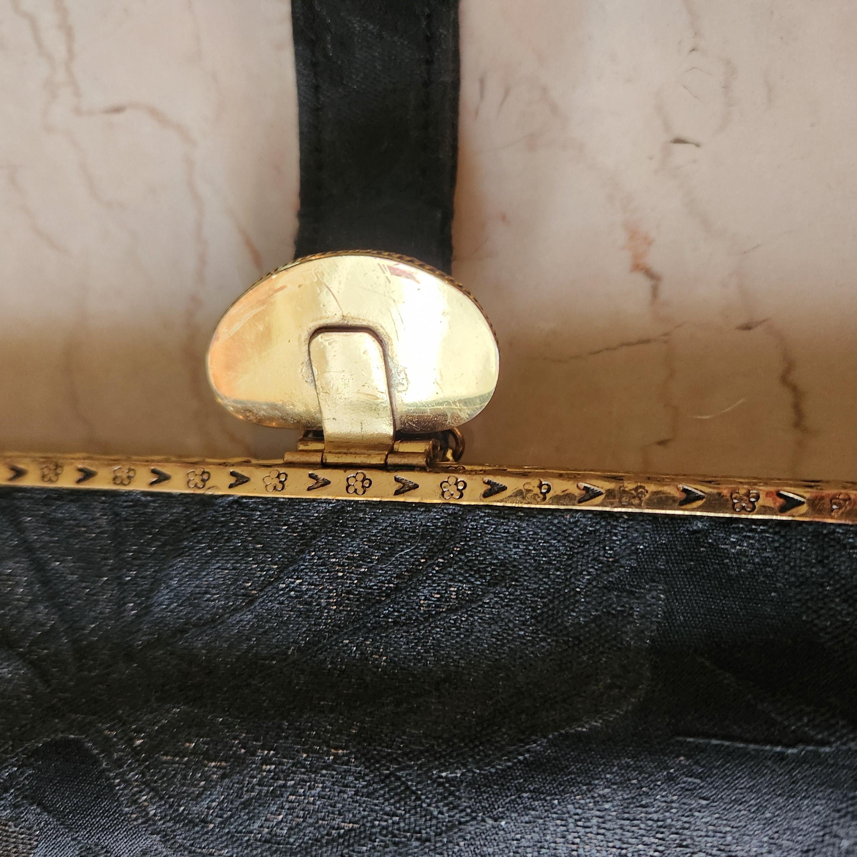 Mid-Century Modern 1960s Gumps Black Brocade Bag Jade Clasp Hong Kong For Sale