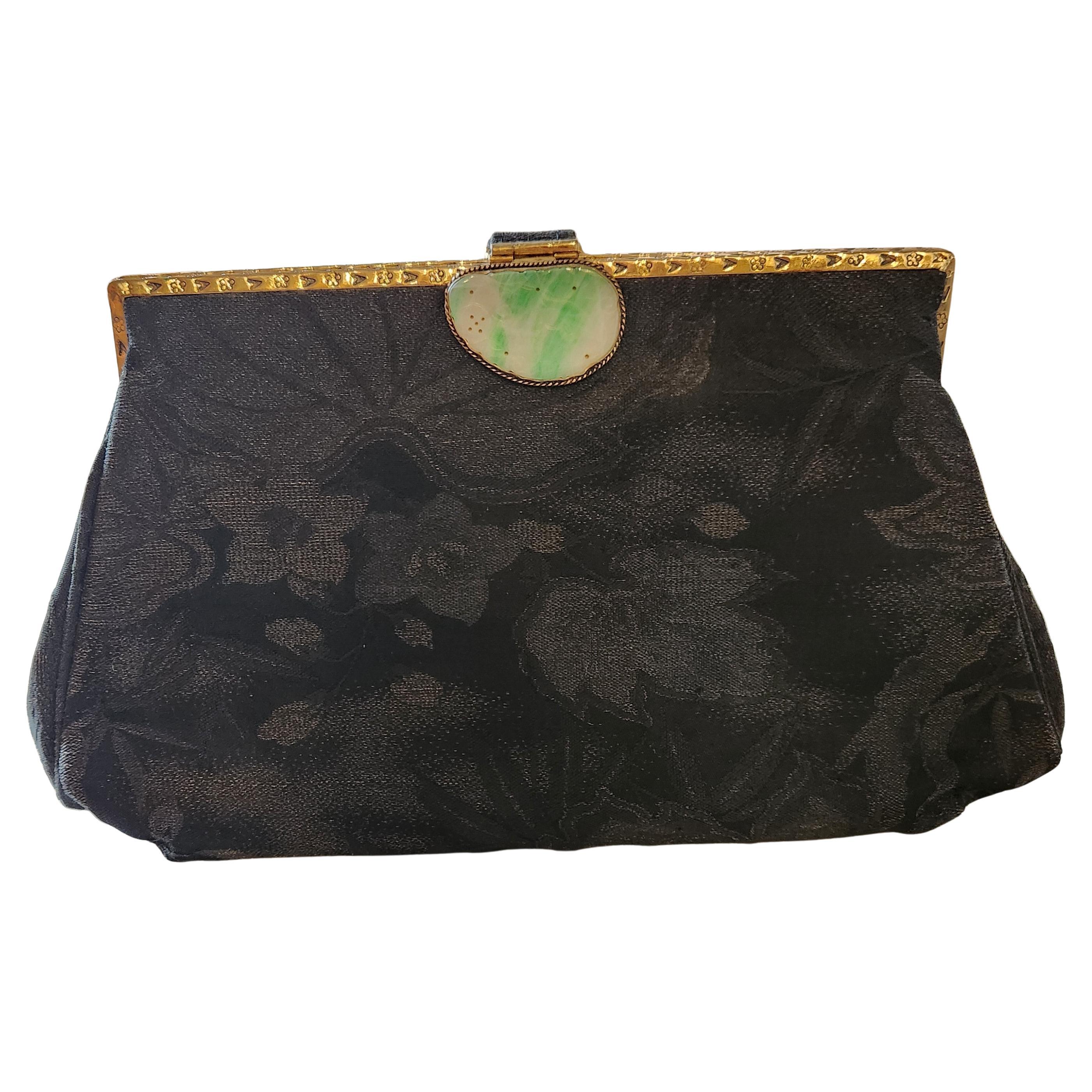 1960s Gumps Black Brocade Bag Jade Clasp Hong Kong In Good Condition For Sale In Chula Vista, CA
