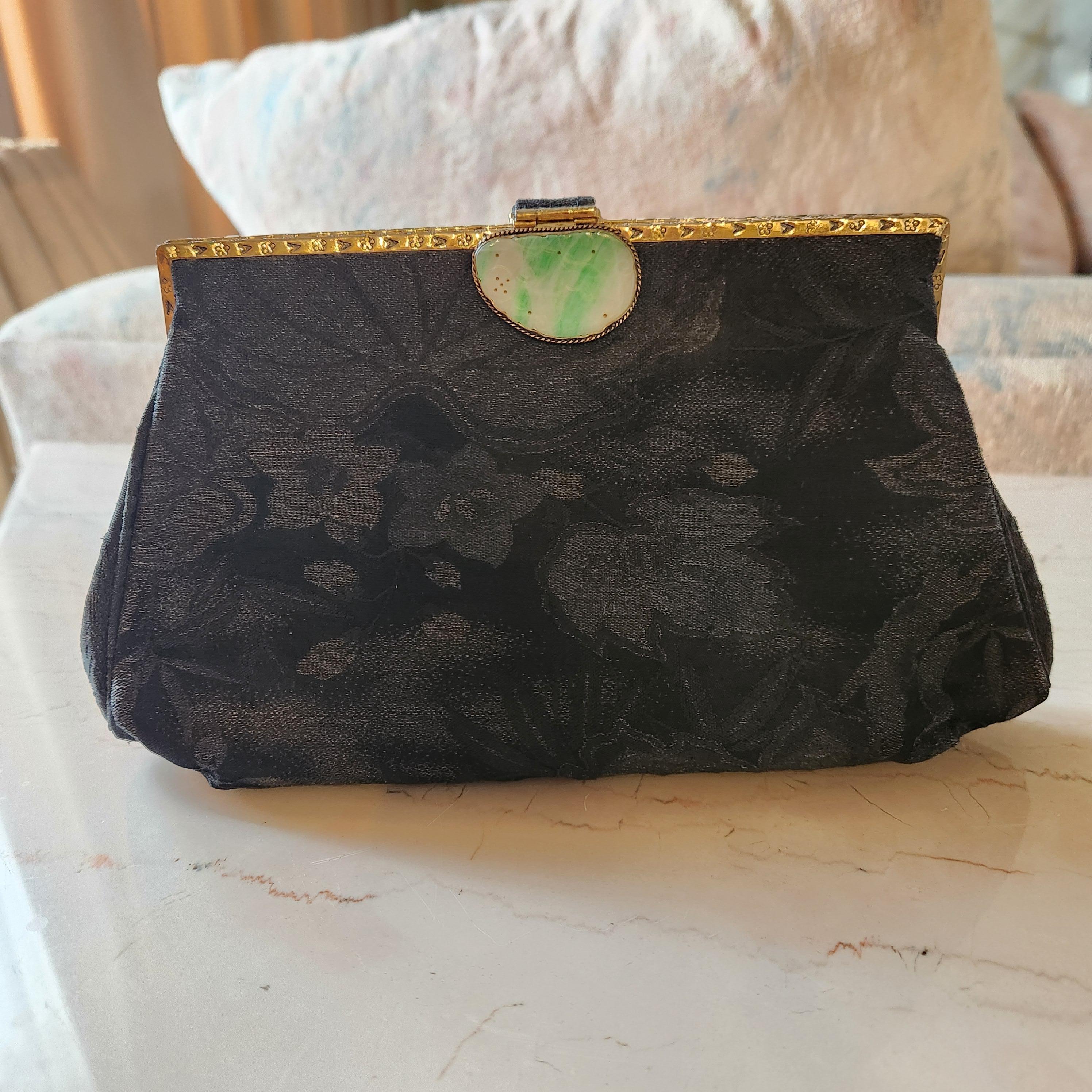 1960s Gumps Black Brocade Bag Jade Clasp Hong Kong For Sale 3