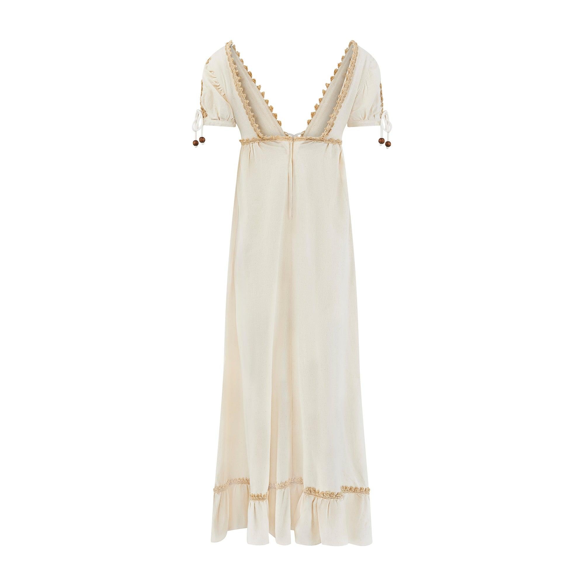 Beige 1960s Gunne Sax Cream Linen Mini Corset Dress with Wooden Beads For Sale