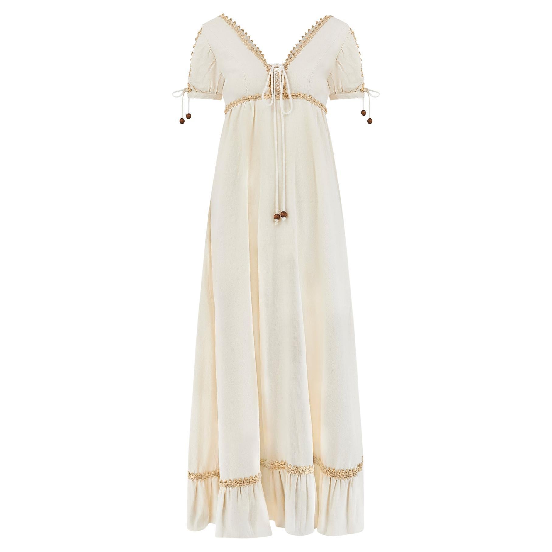 1960s Gunne Sax Cream Linen Mini Corset Dress with Wooden Beads For Sale