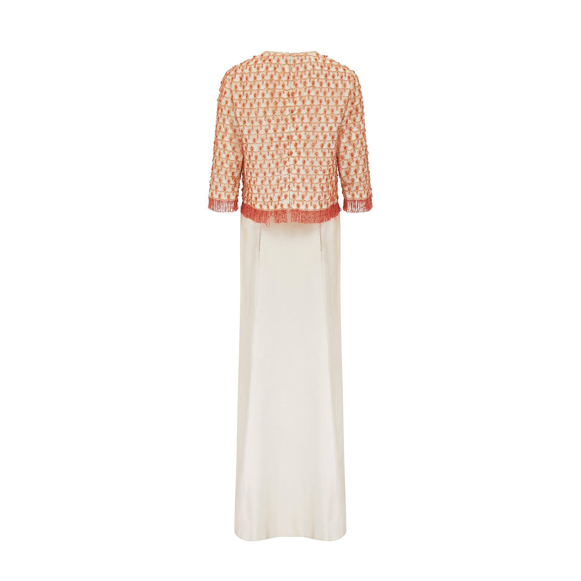 Beige 1960s Guy Laroche Couture Orange Silk Beaded Ensemble For Sale