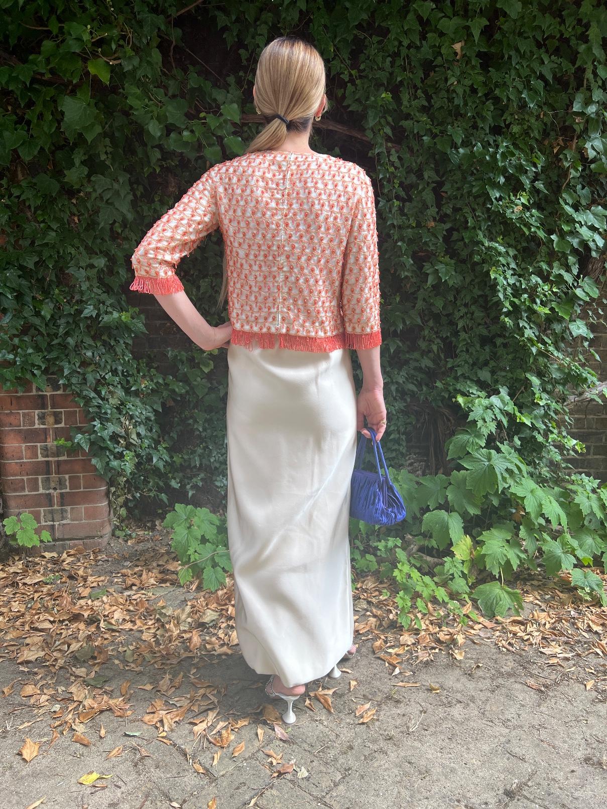1960s Guy Laroche Couture Orange Silk Beaded Ensemble For Sale 4