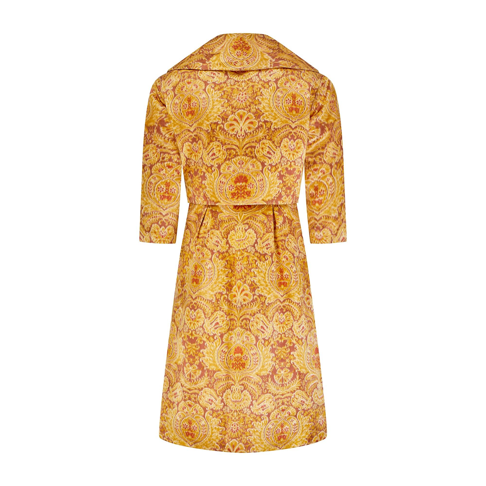 Orange 1960s Guy Laroche Haute Couture Silk Heraldic Print Dress Suit For Sale