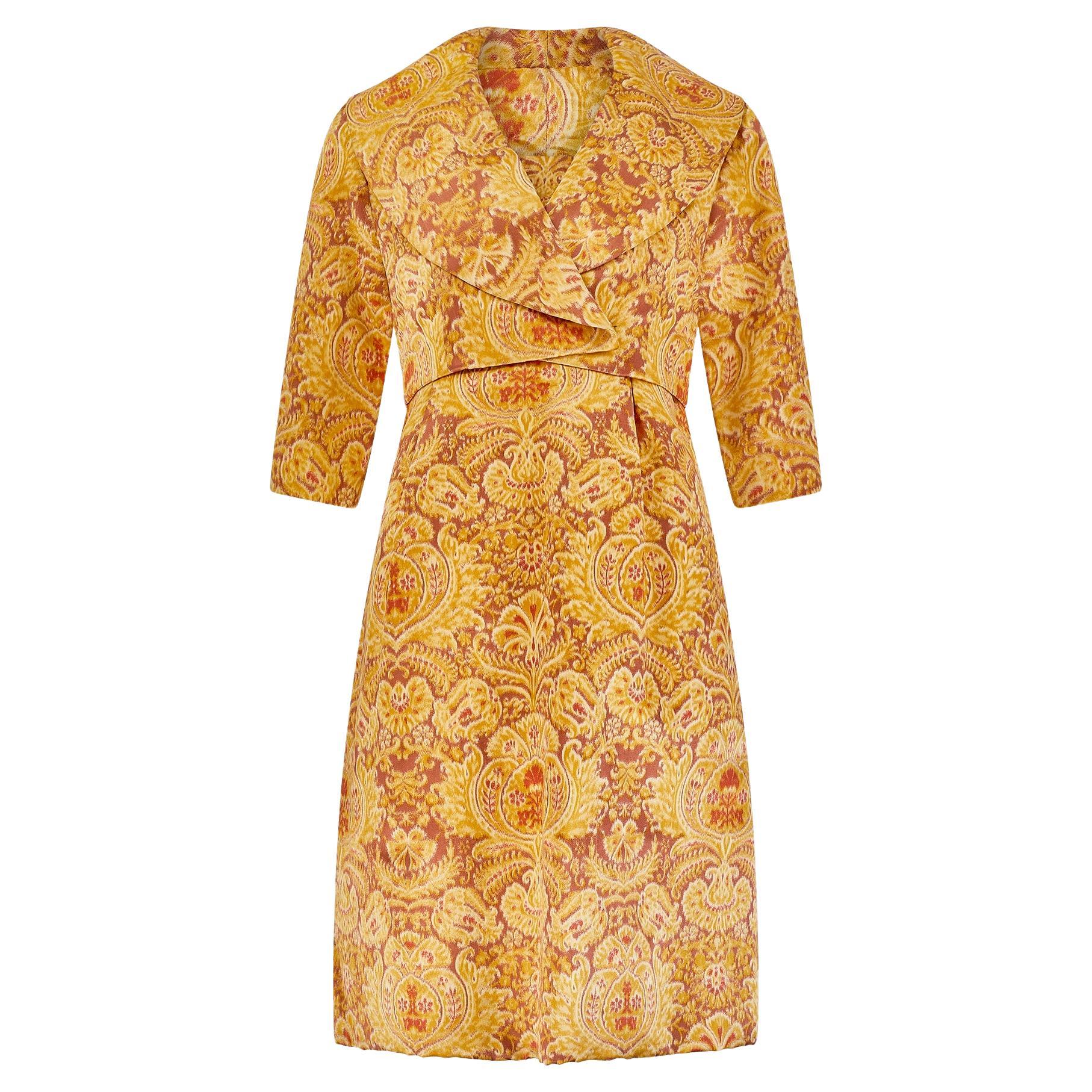 1960s Guy Laroche Haute Couture Silk Heraldic Print Dress Suit For Sale