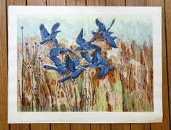 1960s Guy MacCoy Black Birds Serigraph Print