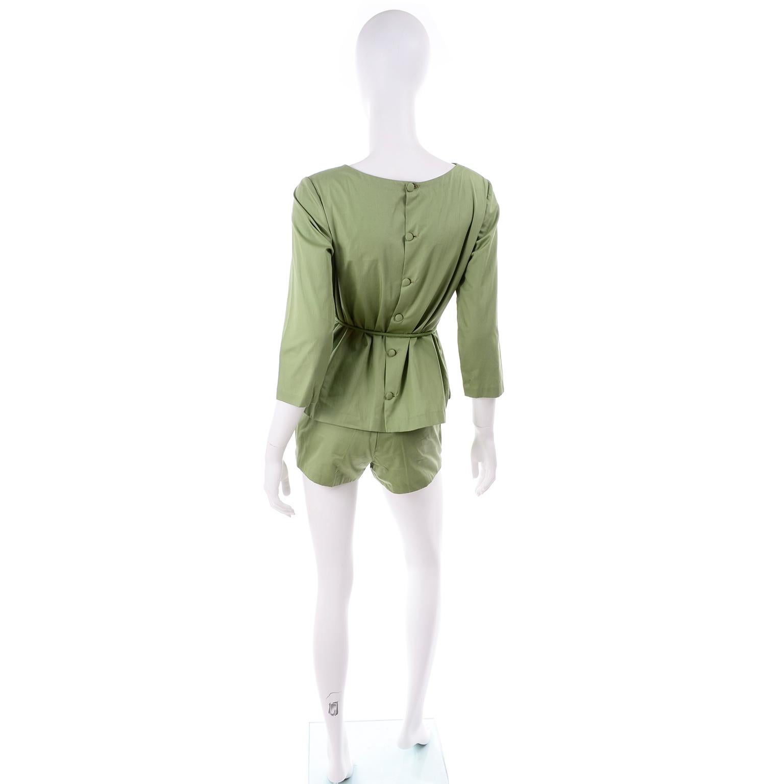 Brown 1960s H Cosentino Capri Italian Vintage Cotton Green Shorts & Top Set With Belt