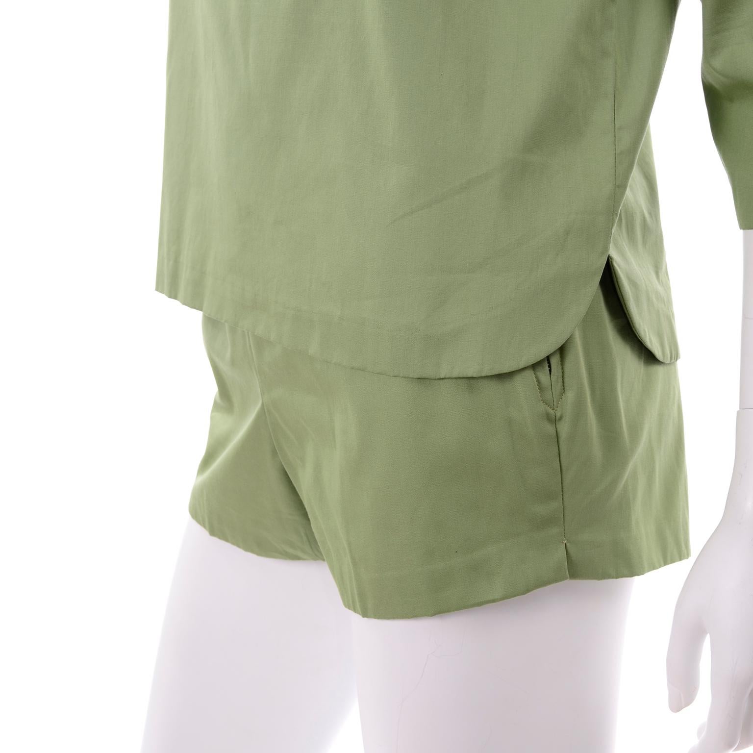 1960s H Cosentino Capri Italian Vintage Cotton Green Shorts & Top Set With Belt 1