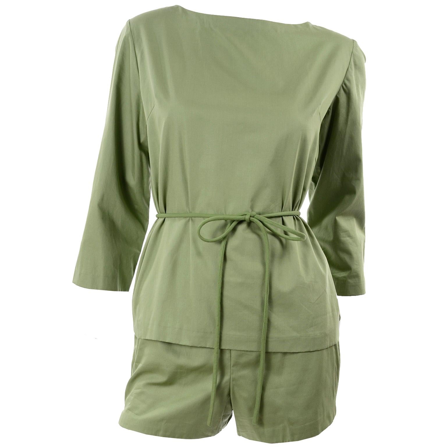 1960s H Cosentino Capri Italian Vintage Cotton Green Shorts & Top Set With Belt