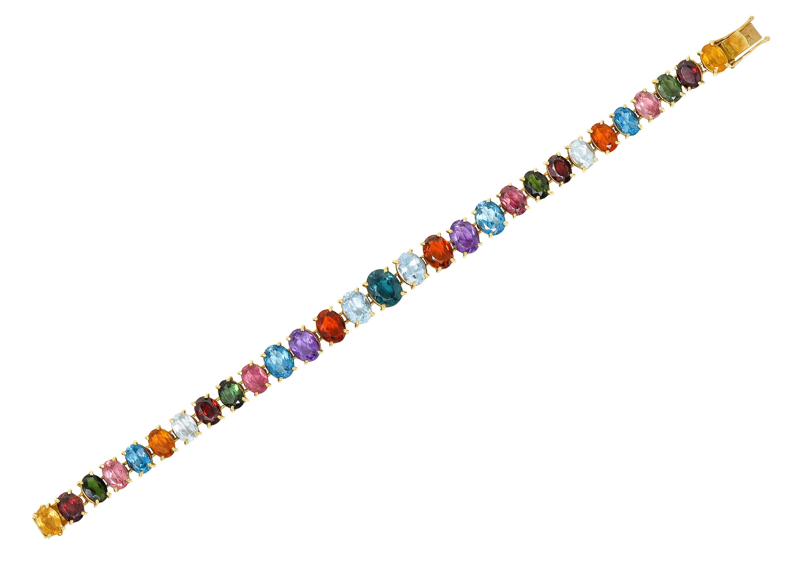 Bracelet features aquamarine, blue topaz, citrine, amethyst, green tourmaline, spinel, and others

Gemstones slightly graduate and are oval cut - ranging in size from 7.0 x 5.0 mm to 9.0 x 7.0 mm

Gemstones are well matched in hue and saturation -