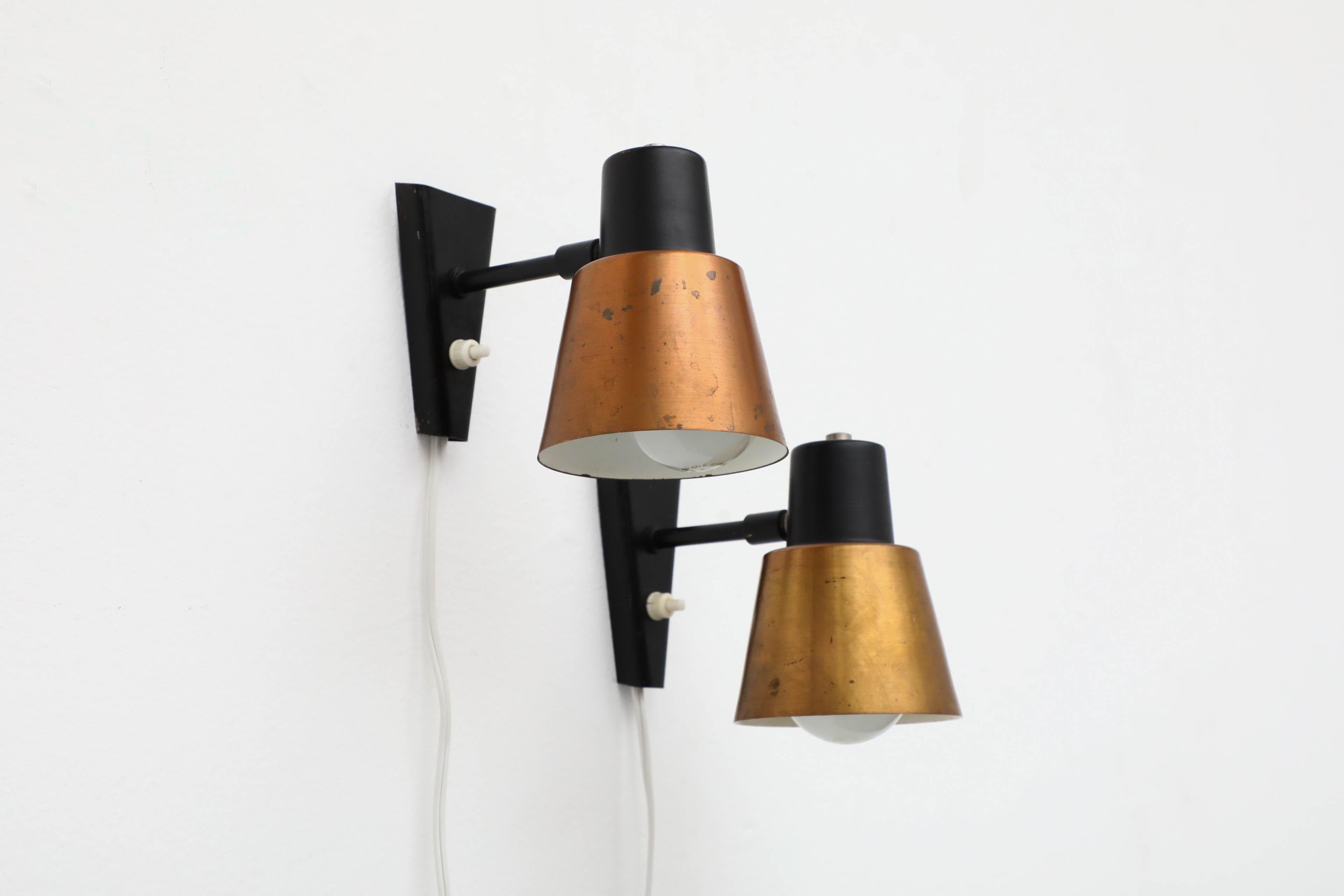 1960's Hala Zeist Copper and Black Metal Wall Mount Spot Light Sconces In Good Condition For Sale In Los Angeles, CA