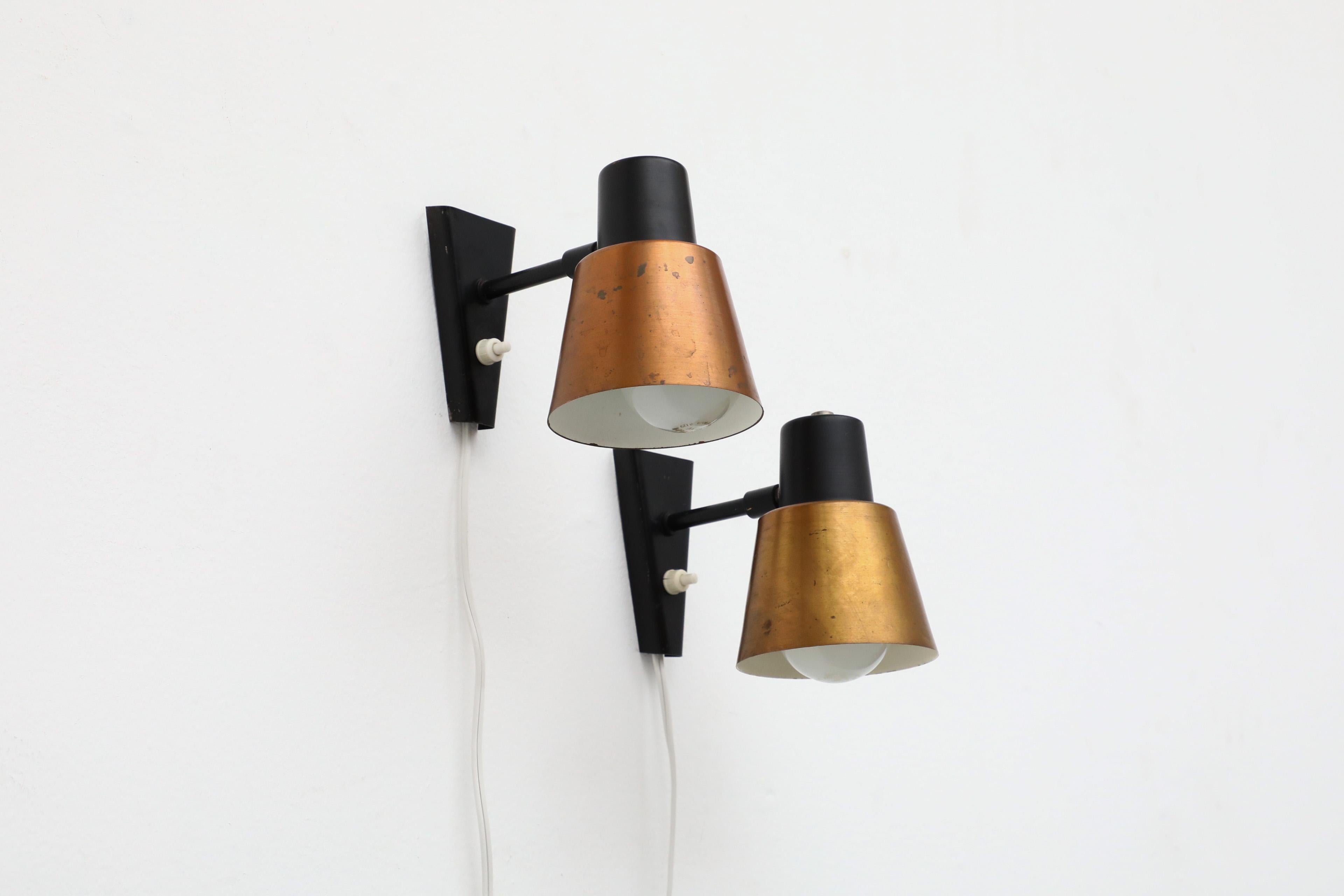 20th Century 1960's Hala Zeist Copper and Black Metal Wall Mount Spot Light Sconces For Sale