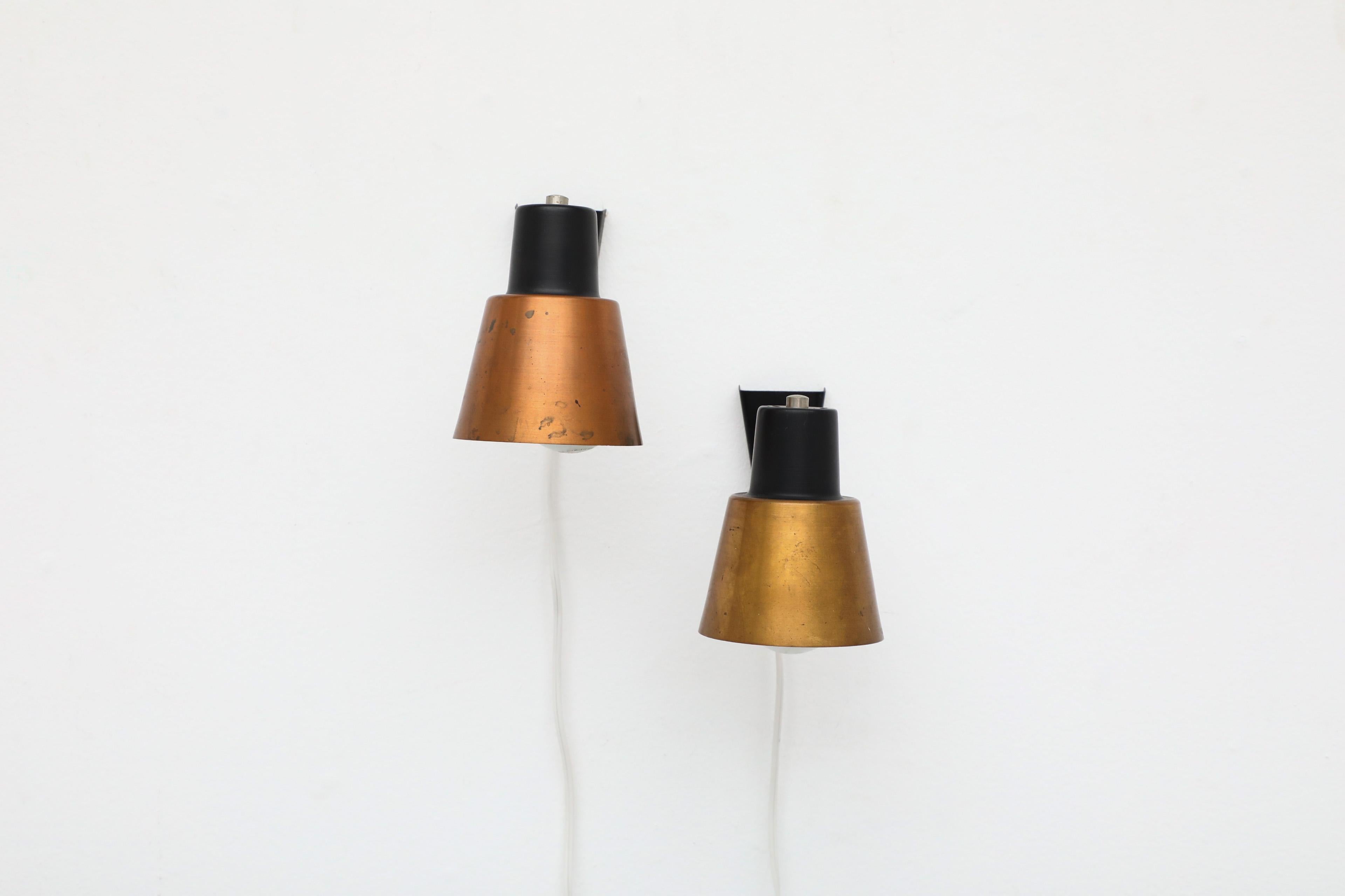1960's Hala Zeist Copper and Black Metal Wall Mount Spot Light Sconces For Sale 1