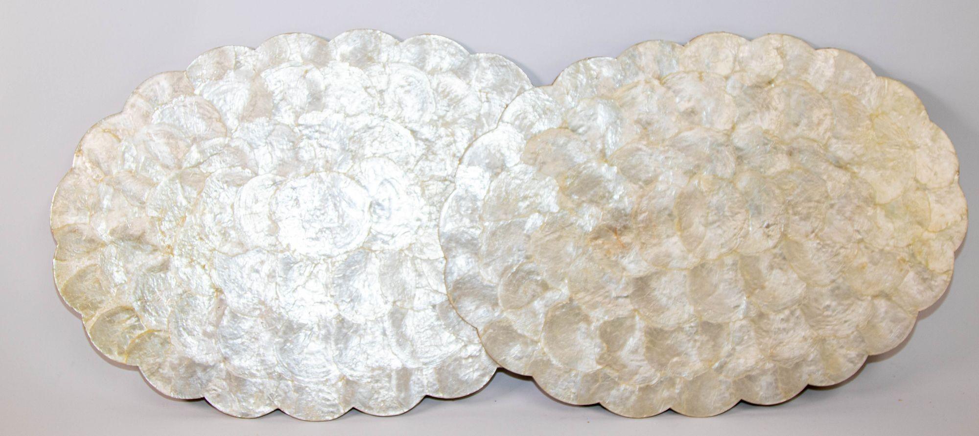 Organic Modern 1960s Hallie St Mary 2 Placemats in Natural Capiz Pearl Shell Scalloped Edge