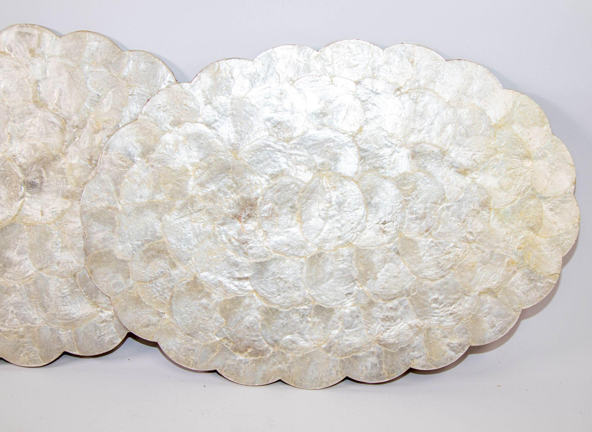 Hand-Crafted 1960s Hallie St Mary 2 Placemats in Natural Capiz Pearl Shell Scalloped Edge