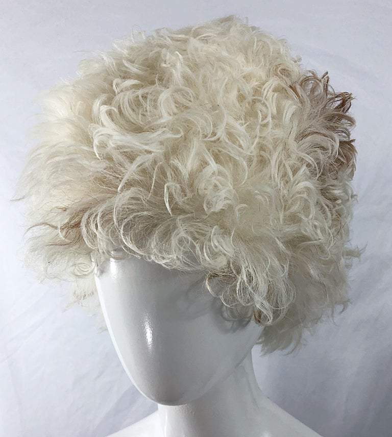 1960s Halston Ivory White Brown Mongolian Lamb Fur Vintage 60s Hat and Muff Rare In Excellent Condition For Sale In San Diego, CA