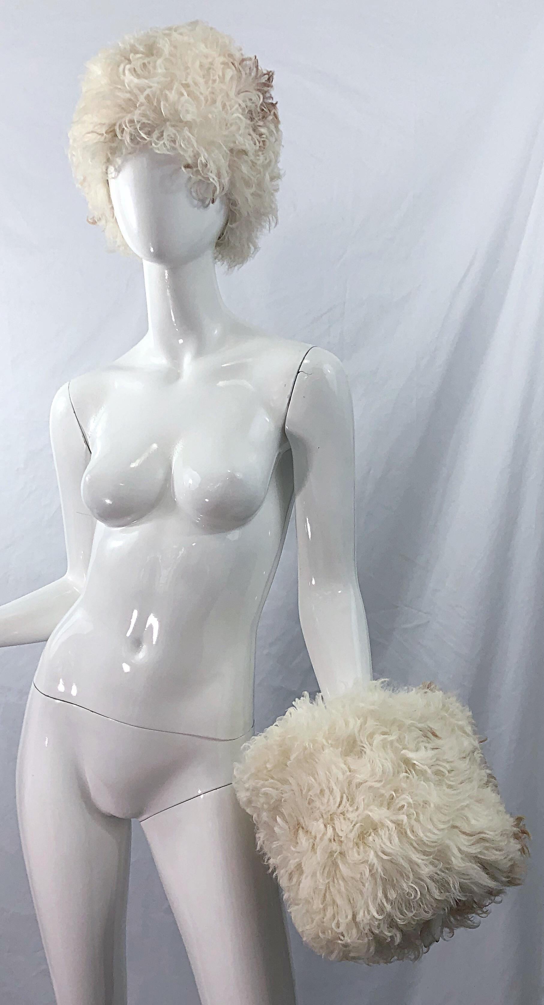 1960s Halston Ivory White Brown Mongolian Lamb Fur Vintage 60s Hat and Muff Rare For Sale 1