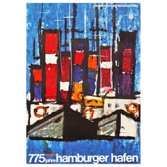 1960s Hamburg Harbour Germany Travel Poster Art Boat Design