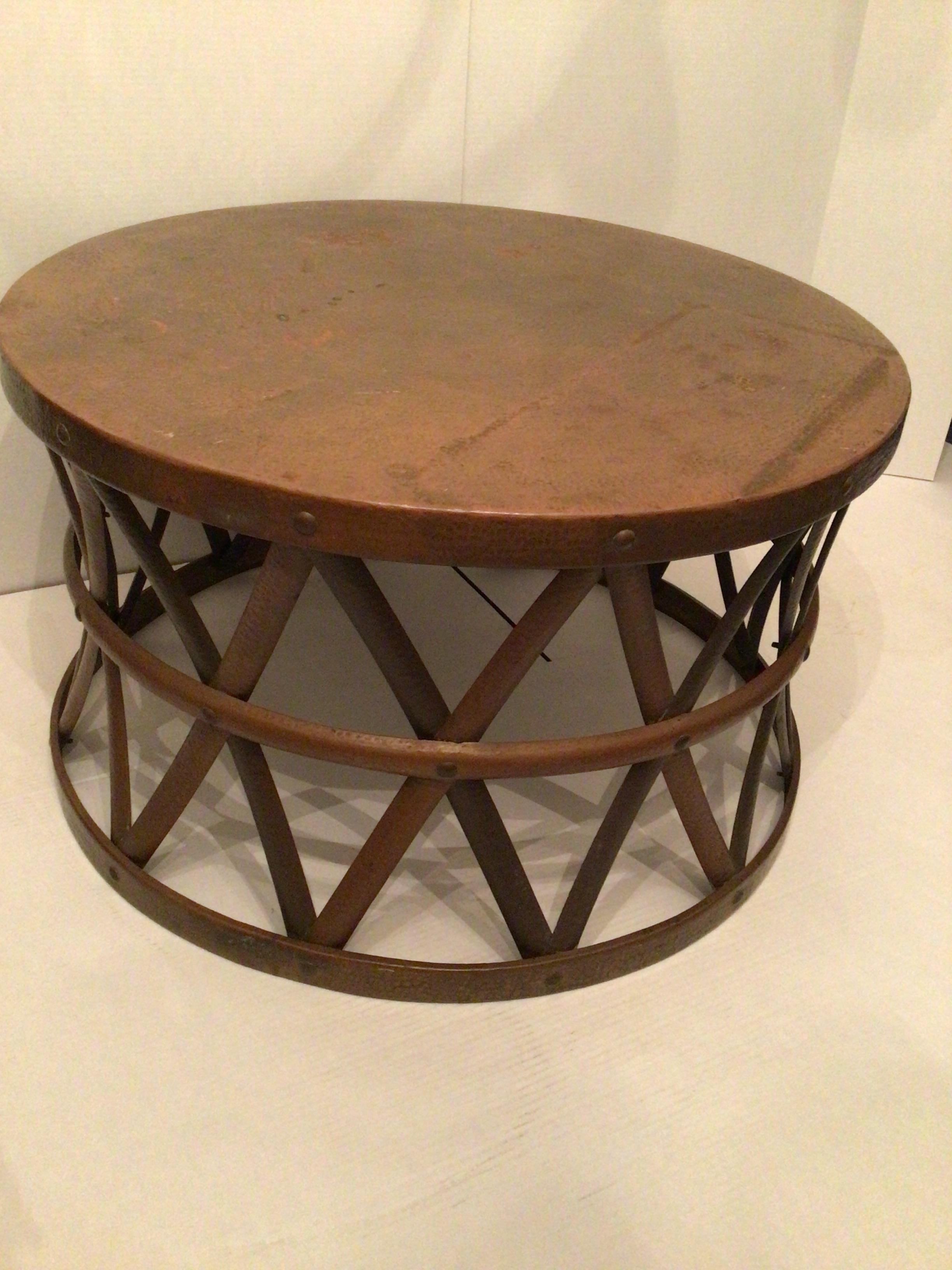 Mid-20th Century 1960s Hammered Copper and Brass Iron Strap Drum Table For Sale