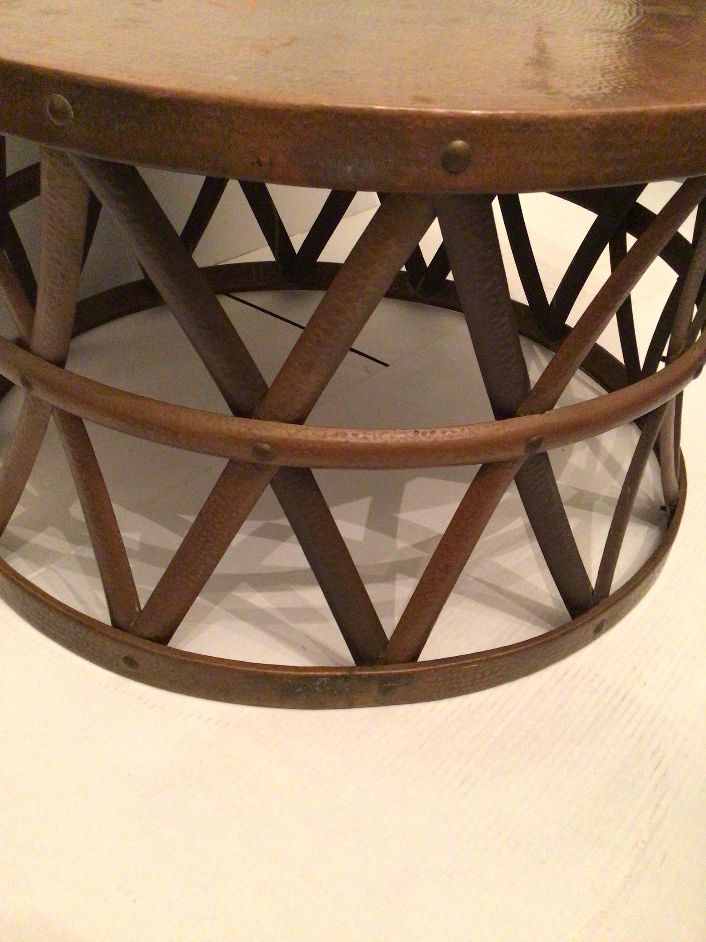 1960s Hammered Copper and Brass Iron Strap Drum Table For Sale 1