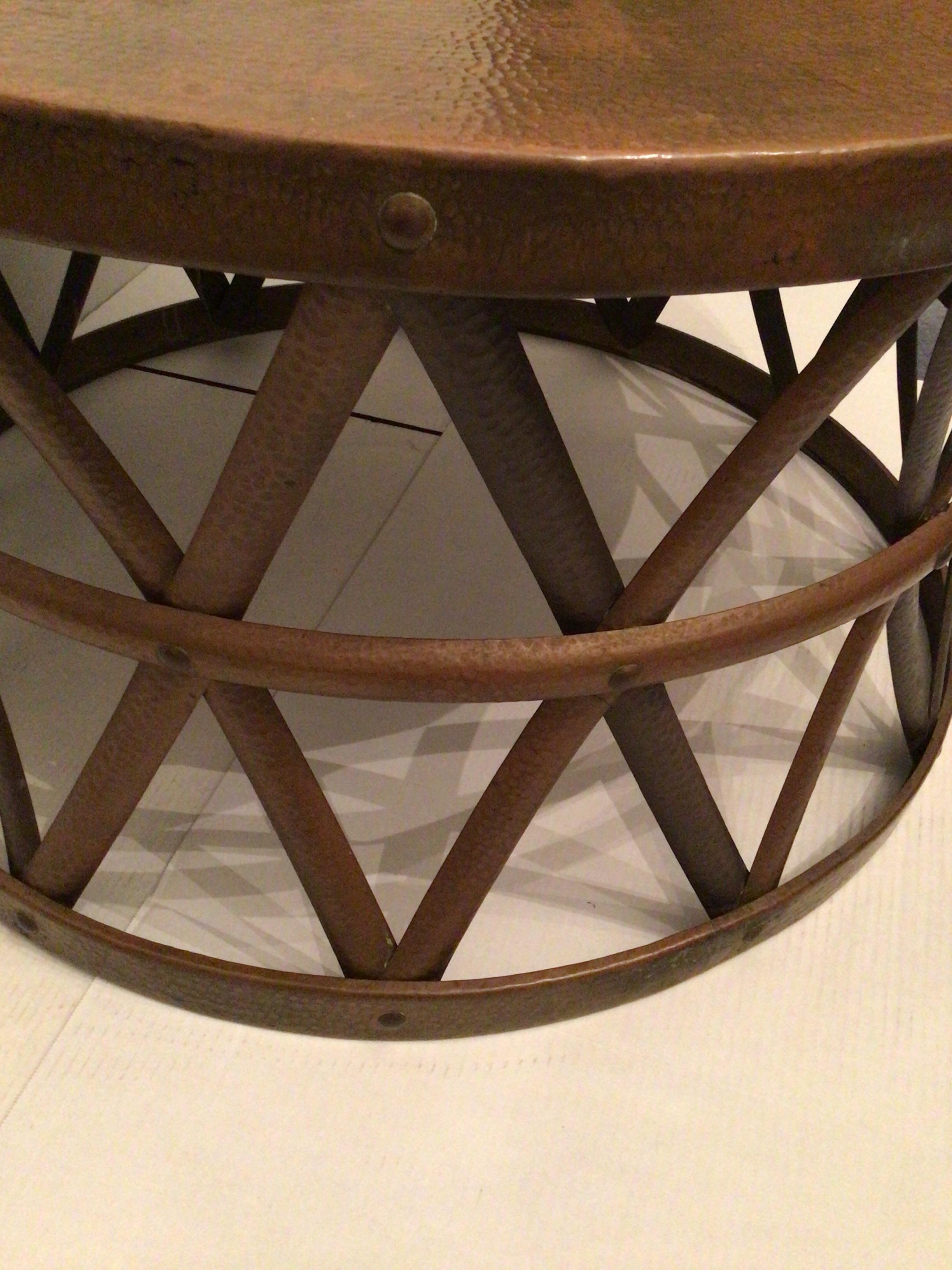 1960s Hammered Copper and Brass Iron Strap Drum Table For Sale 3