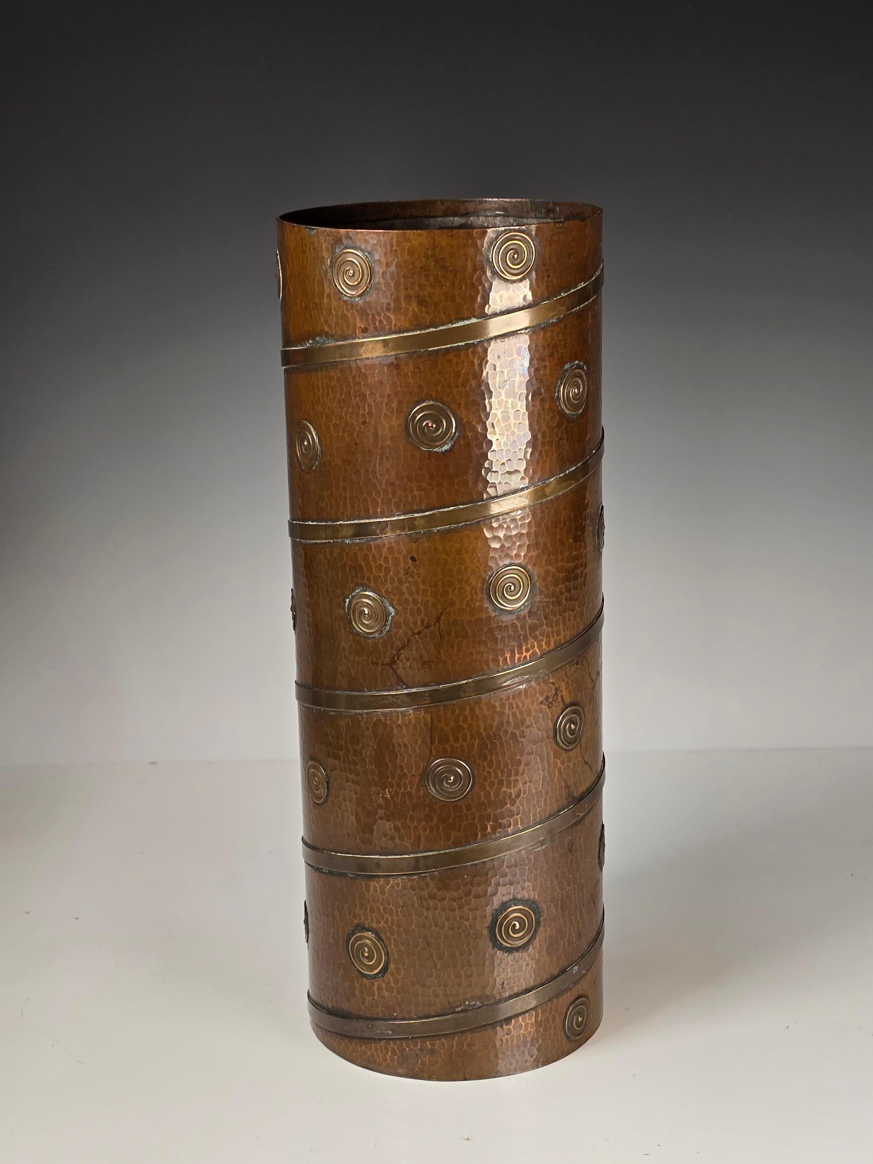 Mid-20th Century 1960s Hammered Copper and Brass Vase For Sale