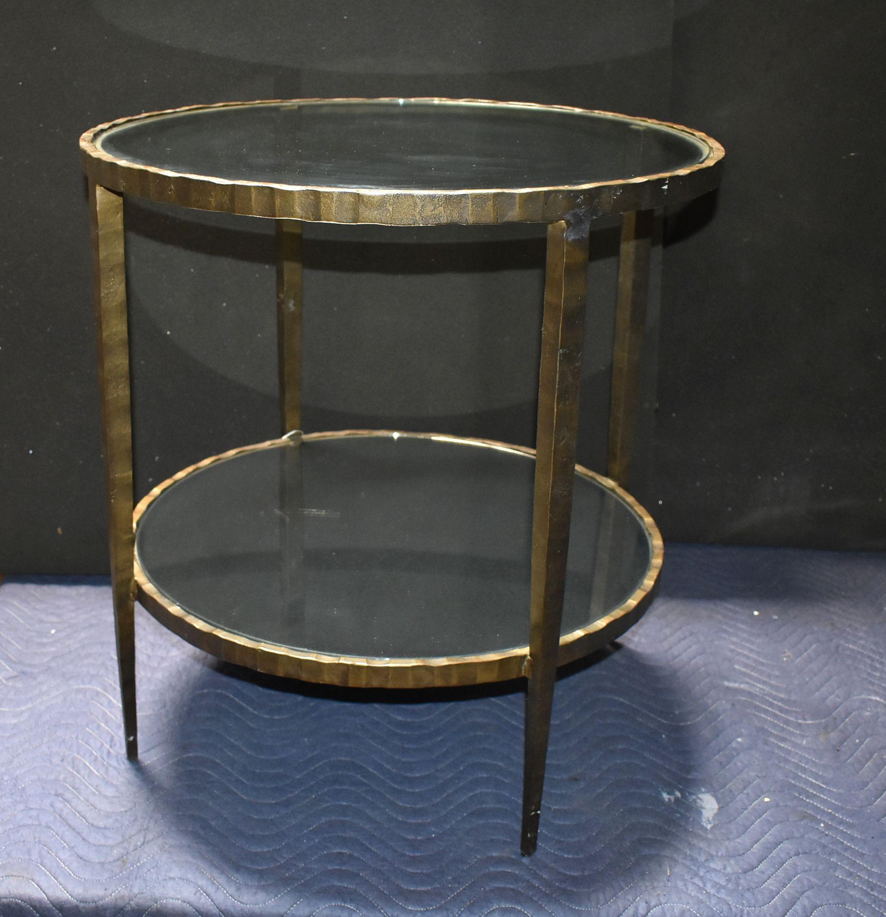 Two tiers glass and mirror iron round side table with bronze patina.