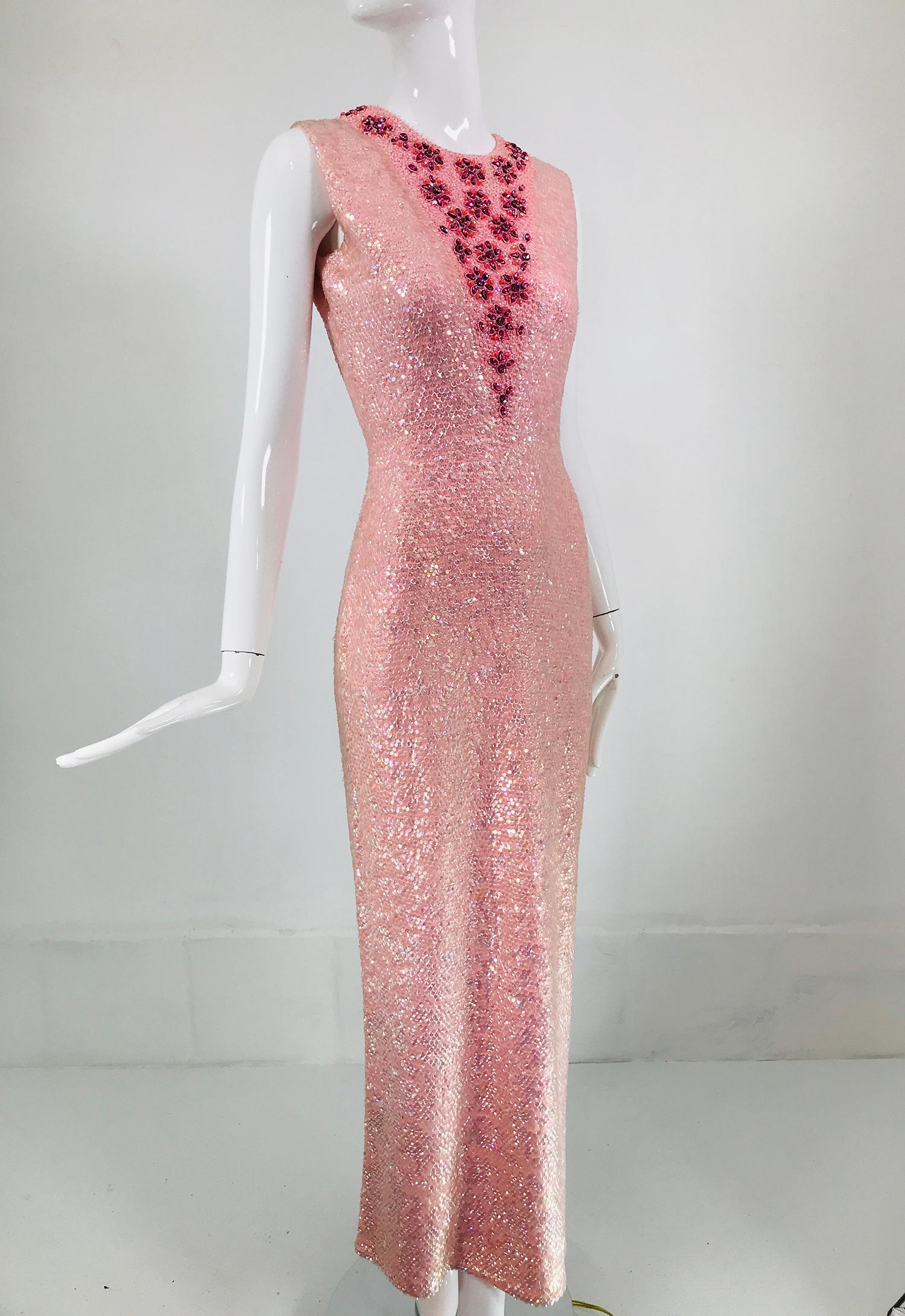 1960s Hand Beaded In Hong Kong Iridescent Pink Hour Glass Sequin Gown ...