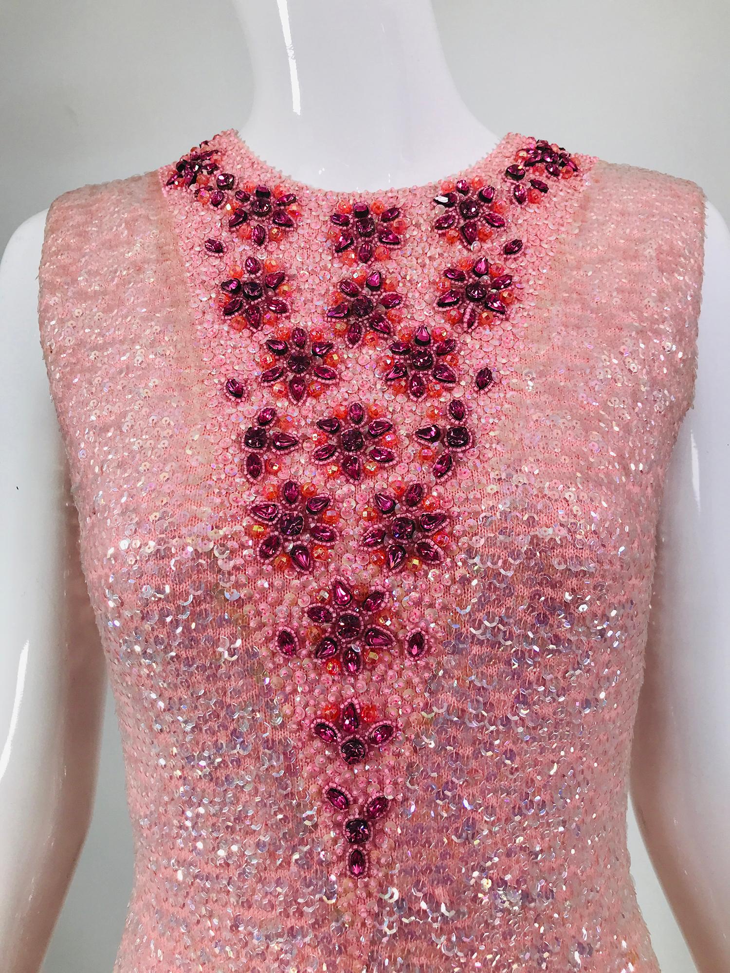 1960s Hand Beaded In Hong Kong Iridescent Pink Hour Glass Sequin Gown ...