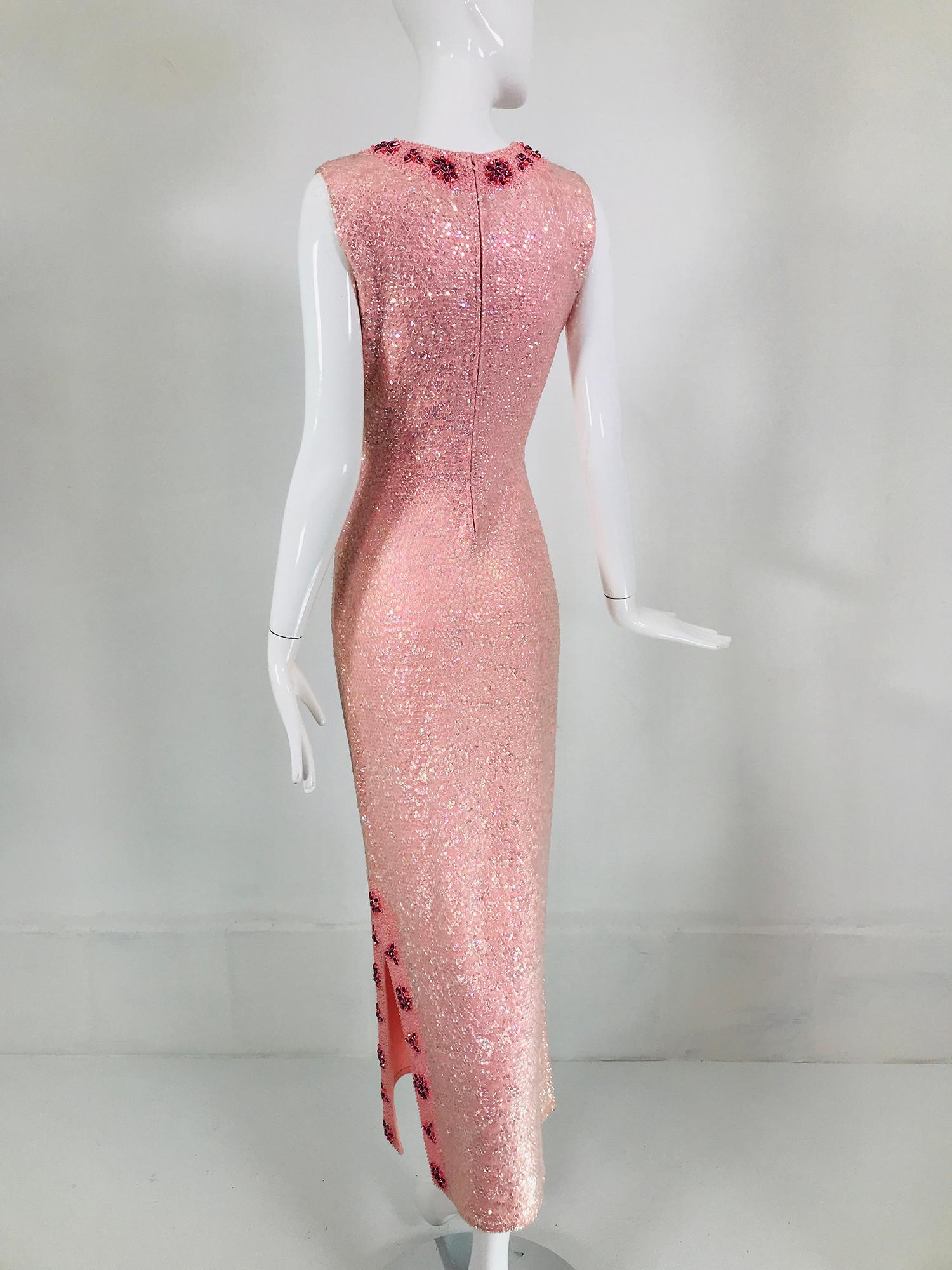 1960s Hand Beaded In Hong Kong Iridescent Pink Hour Glass Sequin Gown ...