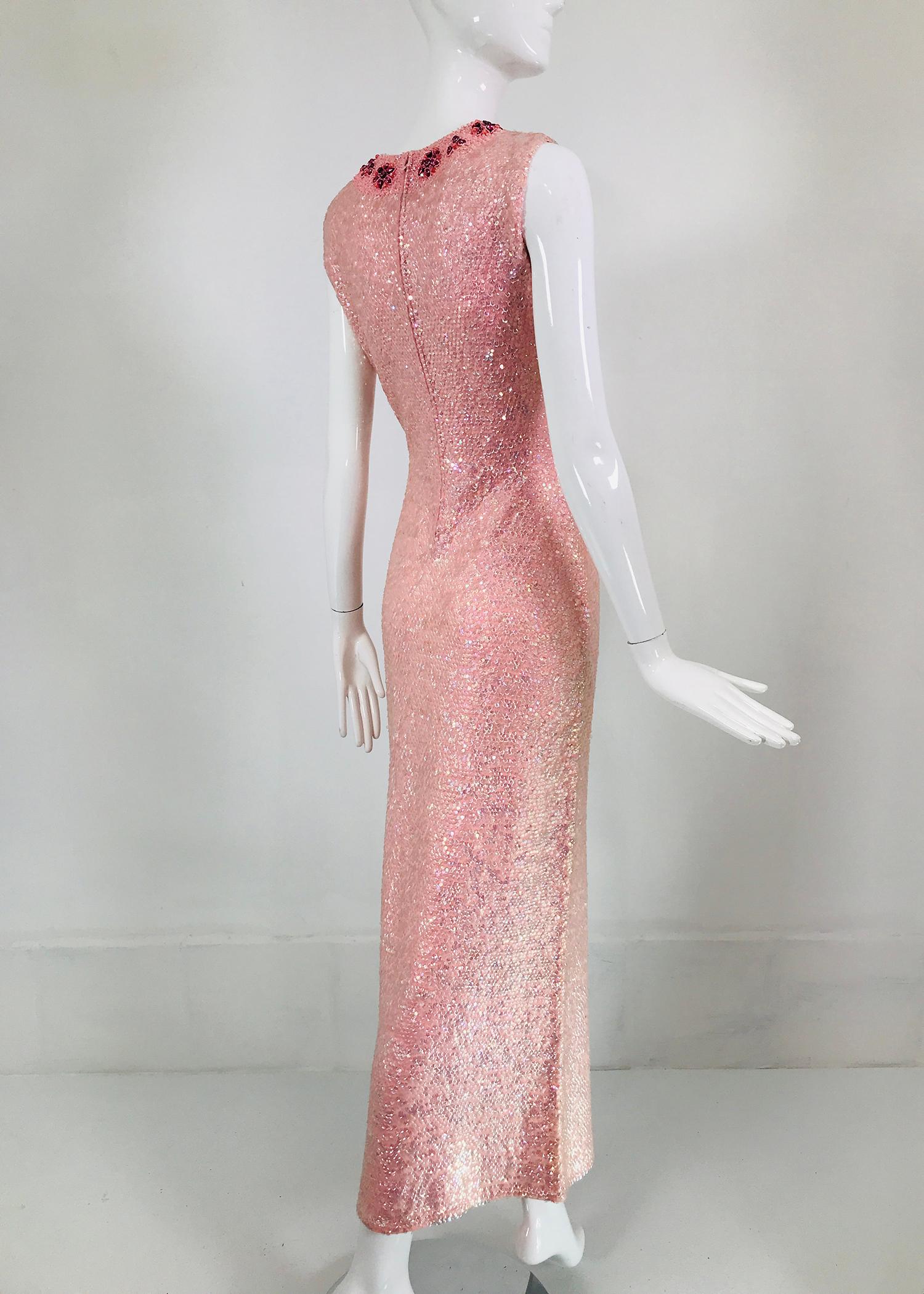 1960s Hand Beaded In Hong Kong Iridescent Pink Hour Glass Sequin Gown ...