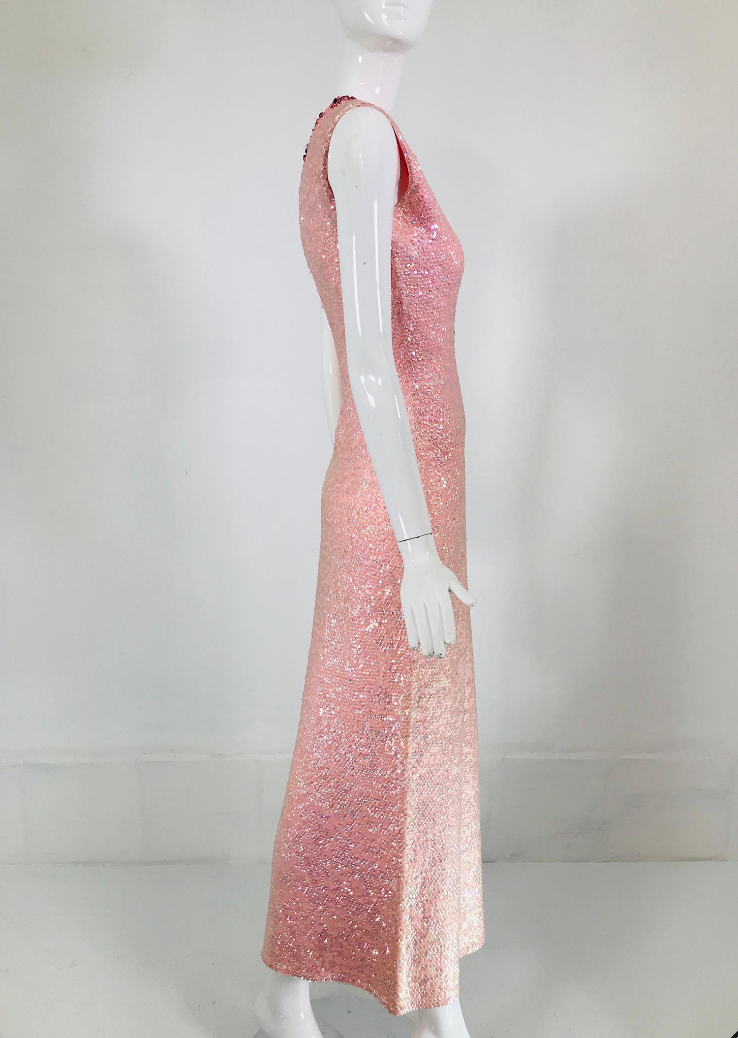 1960s Hand Beaded In Hong Kong Iridescent Pink Hour Glass Sequin Gown ...