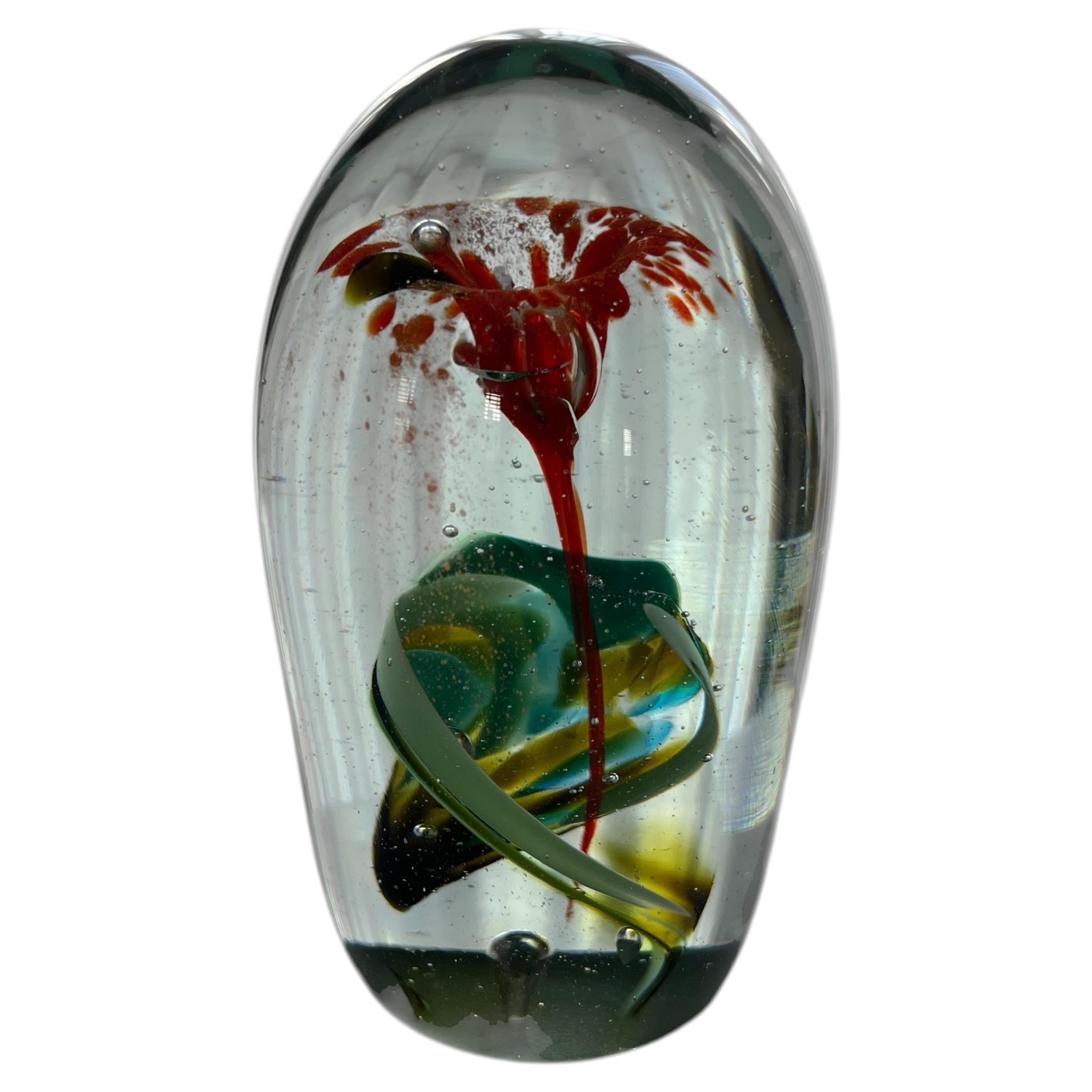 1960s Hand Blown Glass Paperweight with Flower and Leaf Design