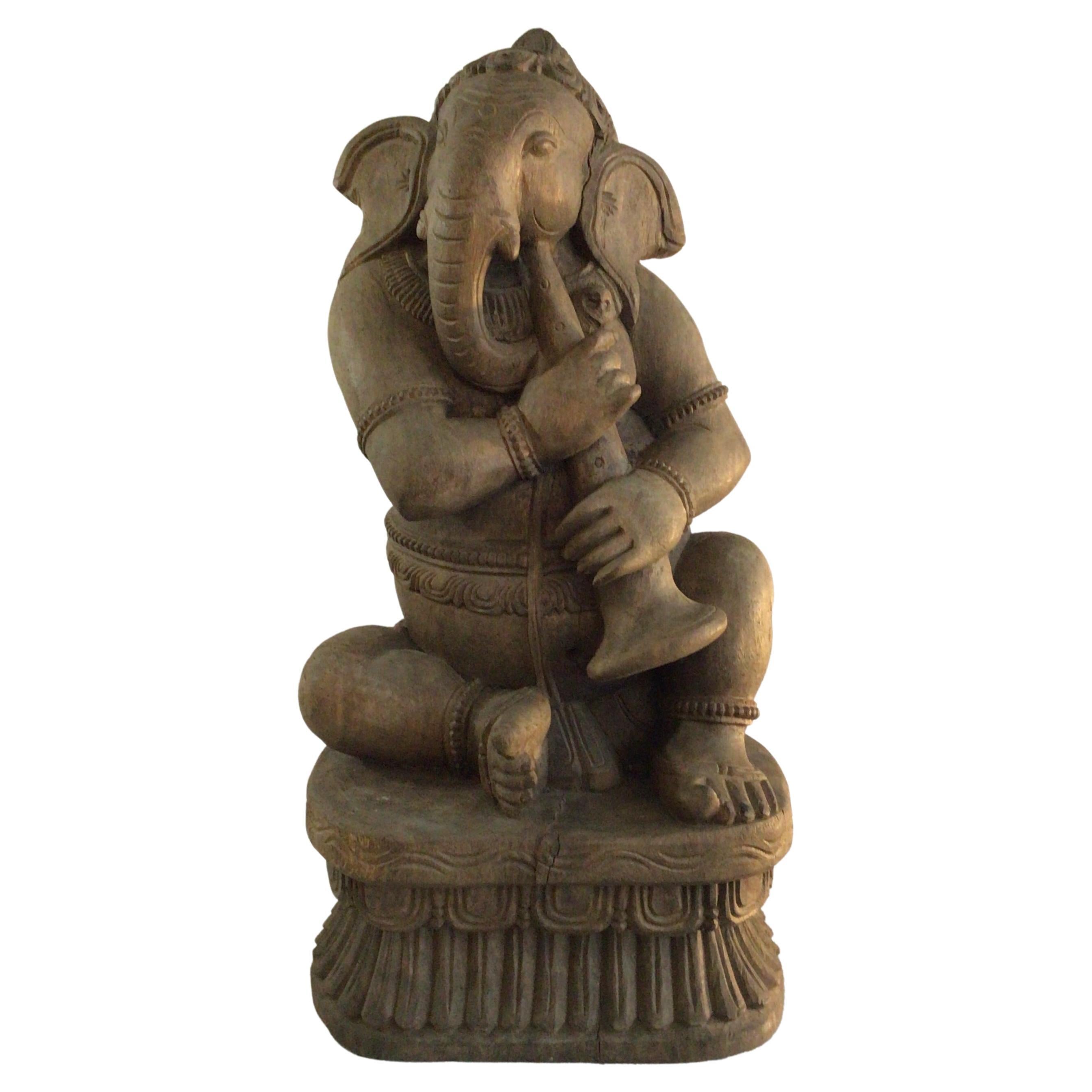 1960s Hand Carved Thailand Elephant Playing a Horn  For Sale