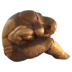Vintage 1960s Hand Carved Wood Sculpture Of Man Praying / Weeping