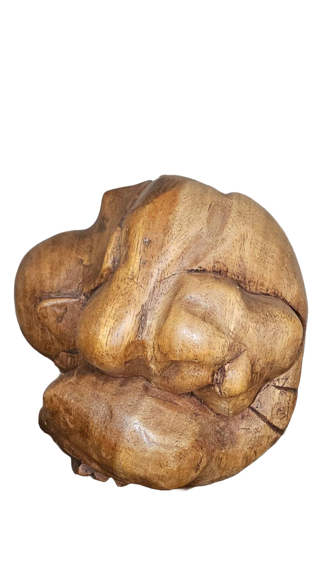 1960s Hand Carved Wood Sculpture Of Weeping Buddha In Good Condition For Sale In Mississauga, CA