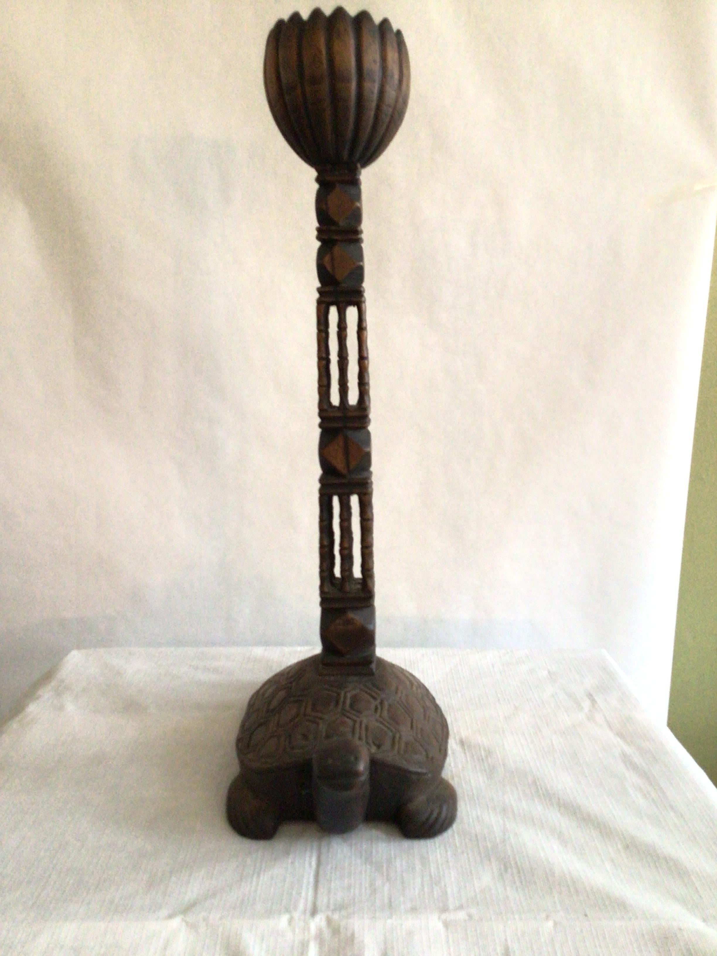 1960s hand-carved wood Turtle candlestick.