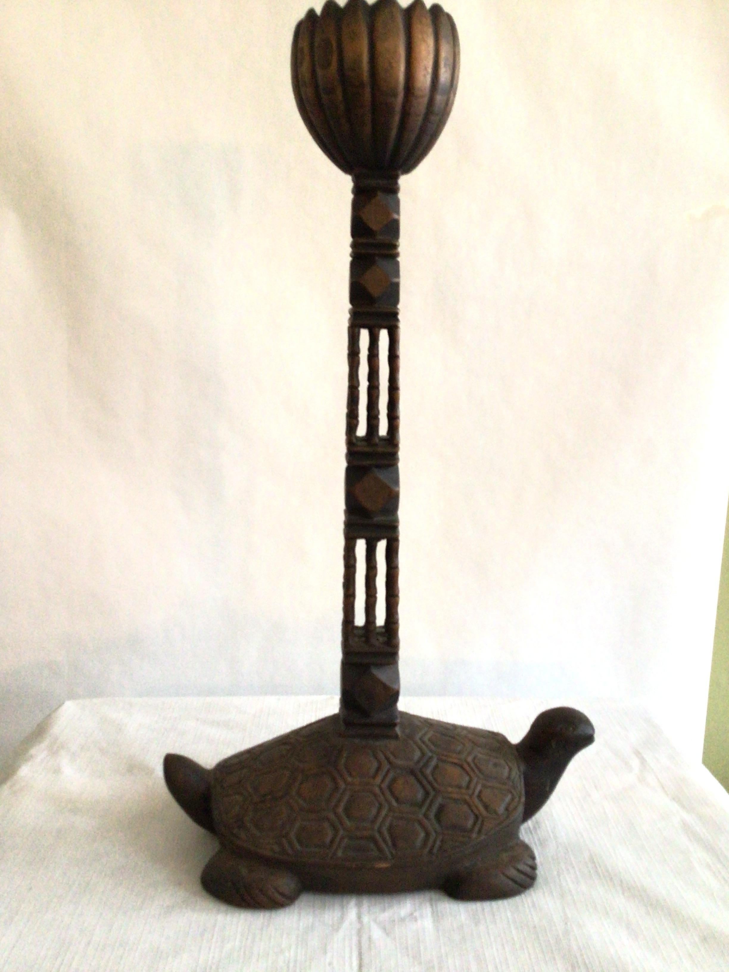 1960s Hand-Carved Wood Turtle Candlestick In Good Condition For Sale In Tarrytown, NY