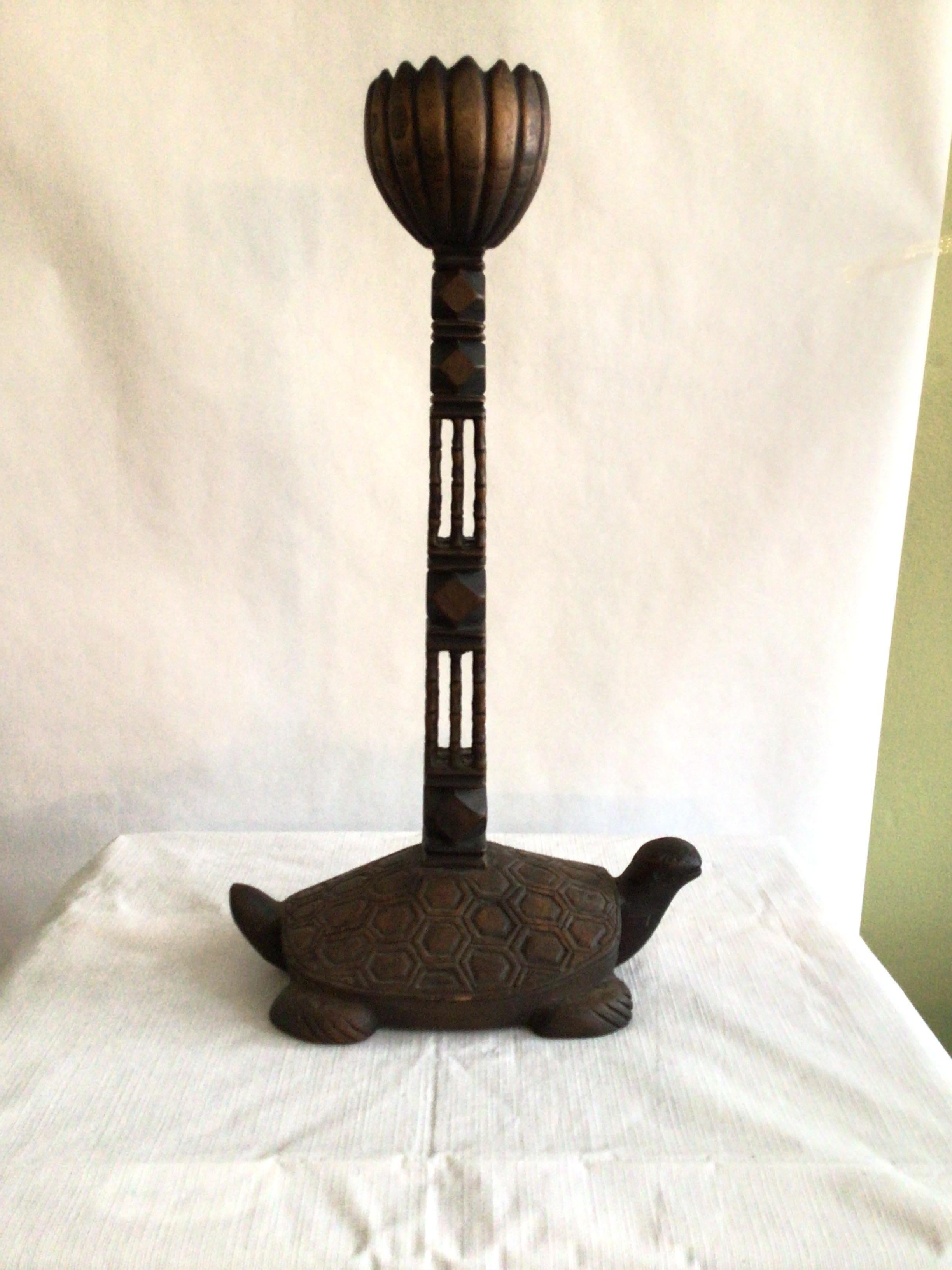 Mid-20th Century 1960s Hand-Carved Wood Turtle Candlestick For Sale